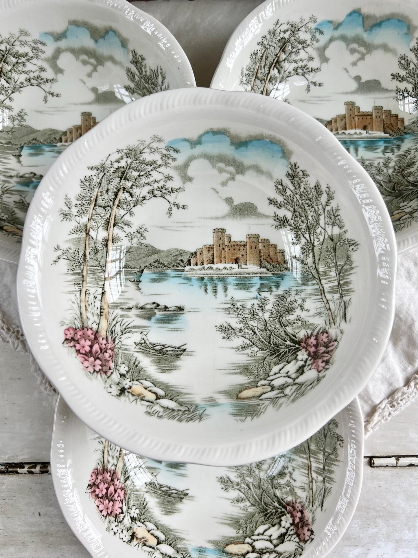 Set (4) Vintage Queen's Castle 6.5” Bowls by Alfred Meakin, England, Ironstone Transferware