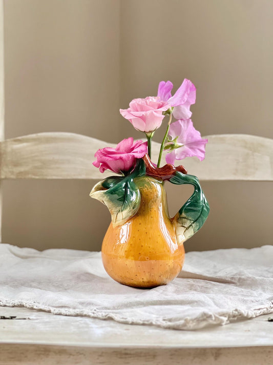 Vintage Cermaic Pear Creamer, Sculptural Fruit, Majolica Style Pear Mini Pitcher or Vase, 5.25" tall