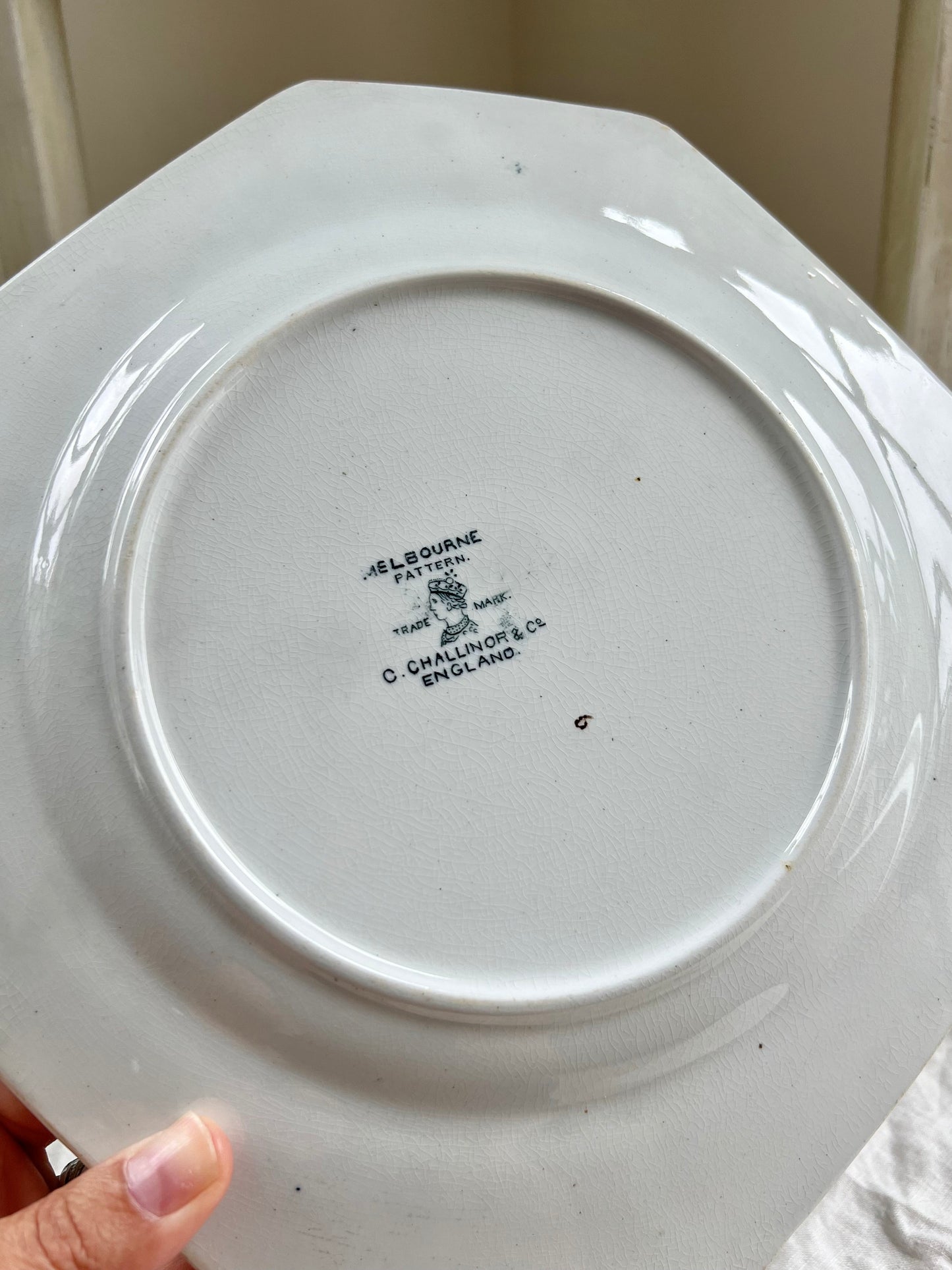 Antique C. Challinor & Co "Melbourne" Blue Gray Transferware Plate, 1800's Octagonal Shaped Aesthetic Movement Transferware Dish, England