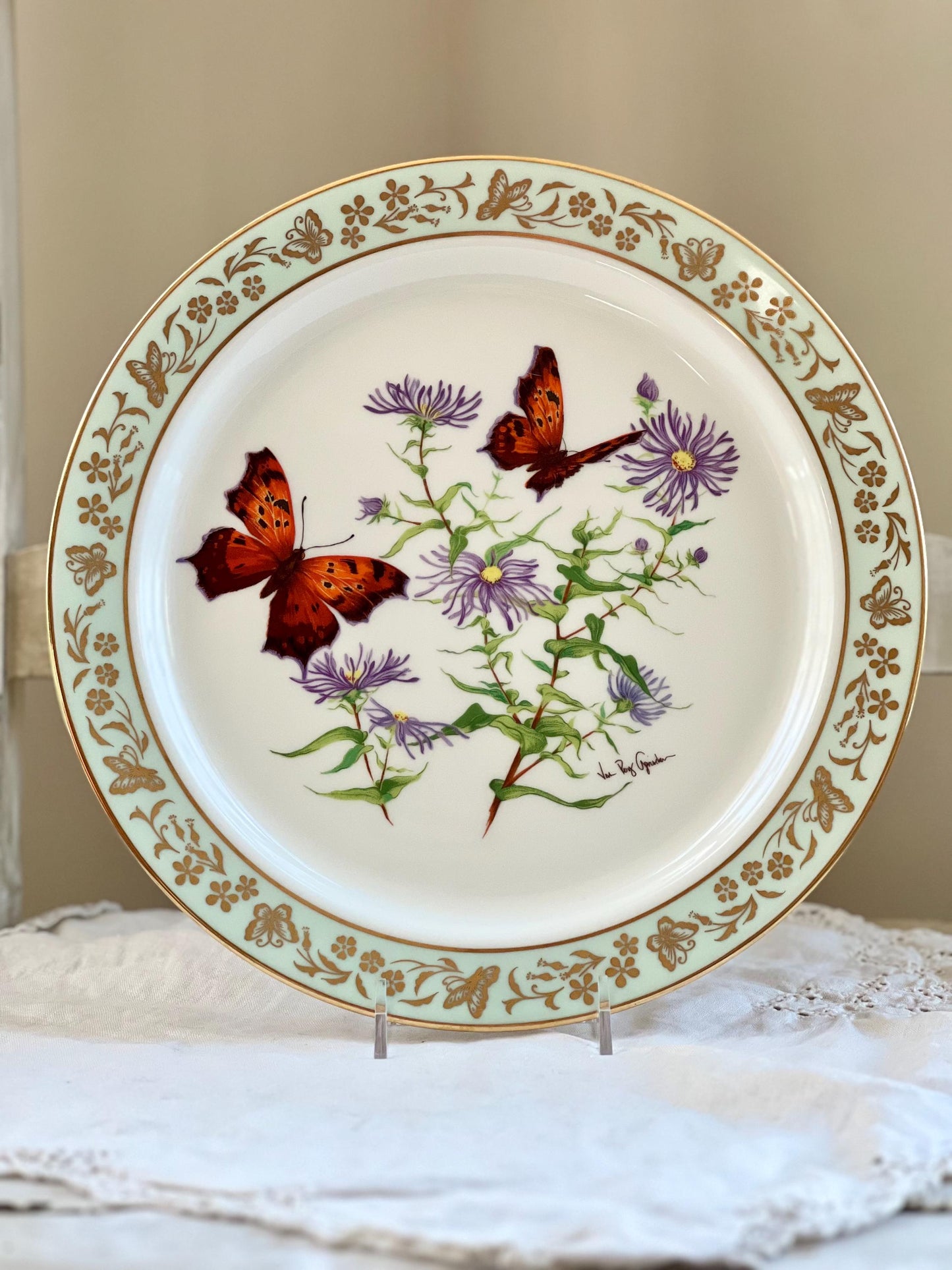 Vintage Lenox Butterflies & Flowers, Question Mark Butterfly and New England Aster Plate, First in a Series, Lenox USA