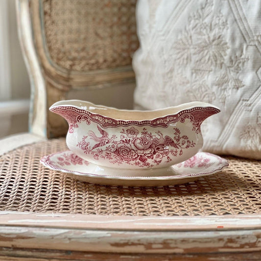 Vintage Crown Ducal Bristol Pink Red Transferware Gravy Boat with Attached Underplate, Distressed Vintage Ironstone Saucier, Made in England