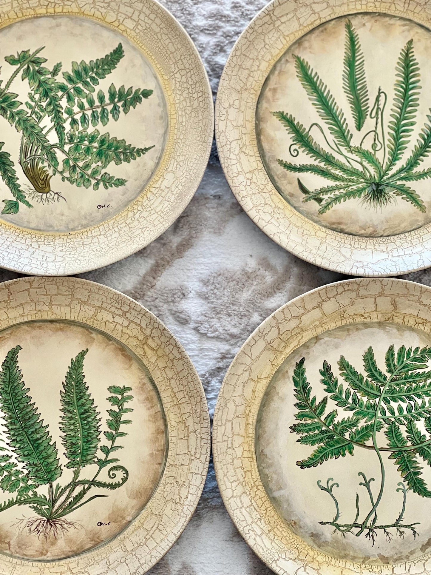 Set (4) Designer Hand Painted Fern Plates by Tam San Designs, Cornelius, NC, Artist Signed 10" Decorative Plates