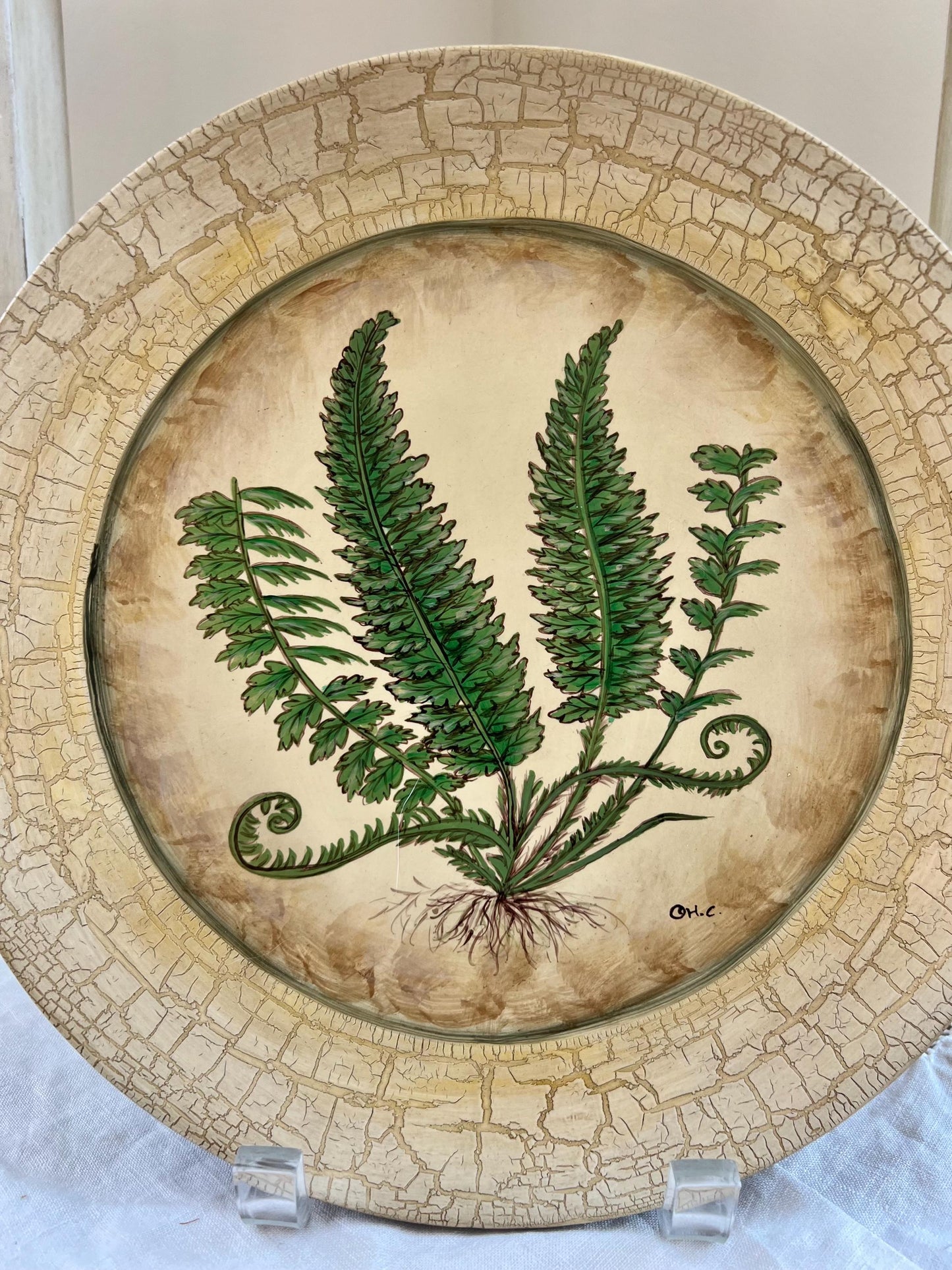 Set (4) Designer Hand Painted Fern Plates by Tam San Designs, Cornelius, NC, Artist Signed 10" Decorative Plates