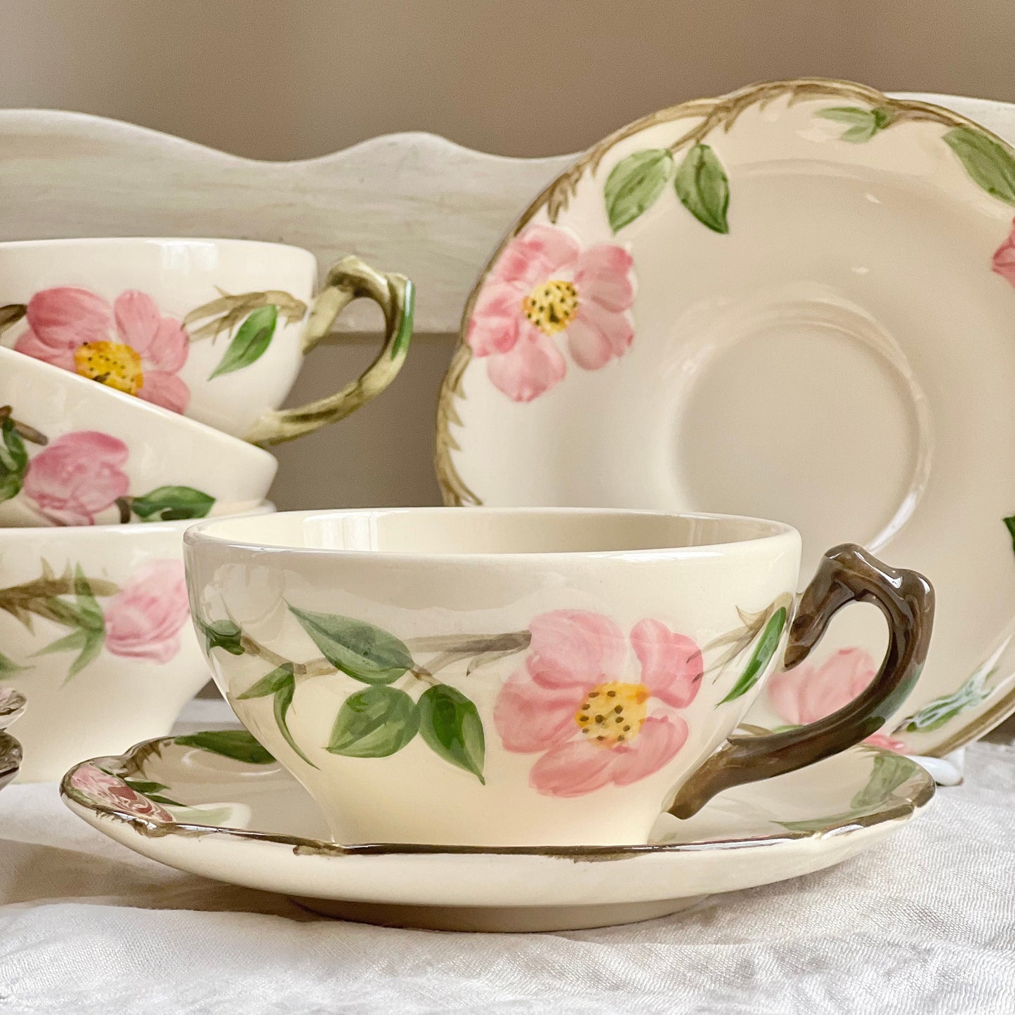 Set of 4, Vintage Franciscan Desert Rose Teacups & Saucers