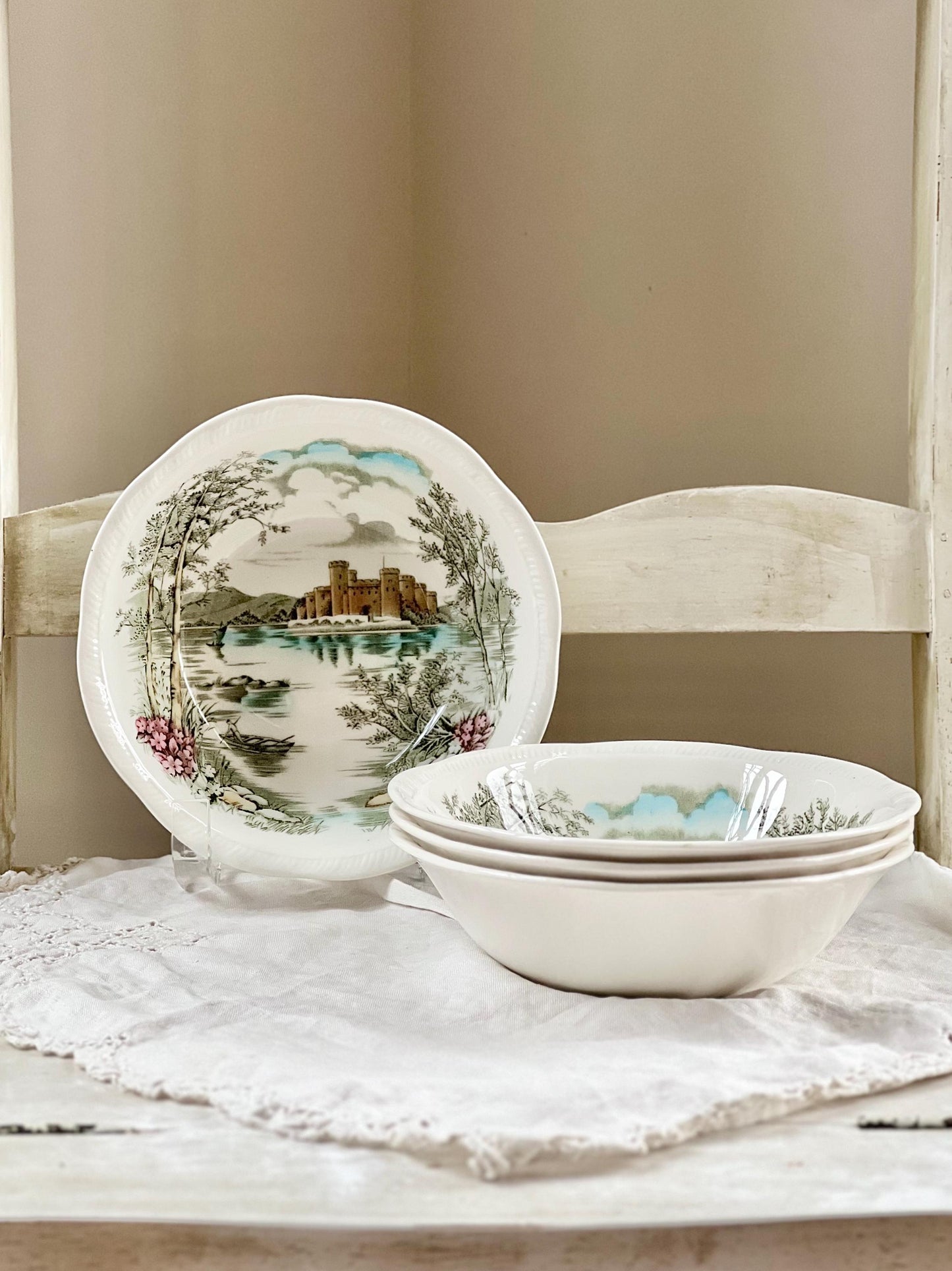 Set (4) Vintage Queen's Castle 6.5” Bowls by Alfred Meakin, England, Ironstone Transferware