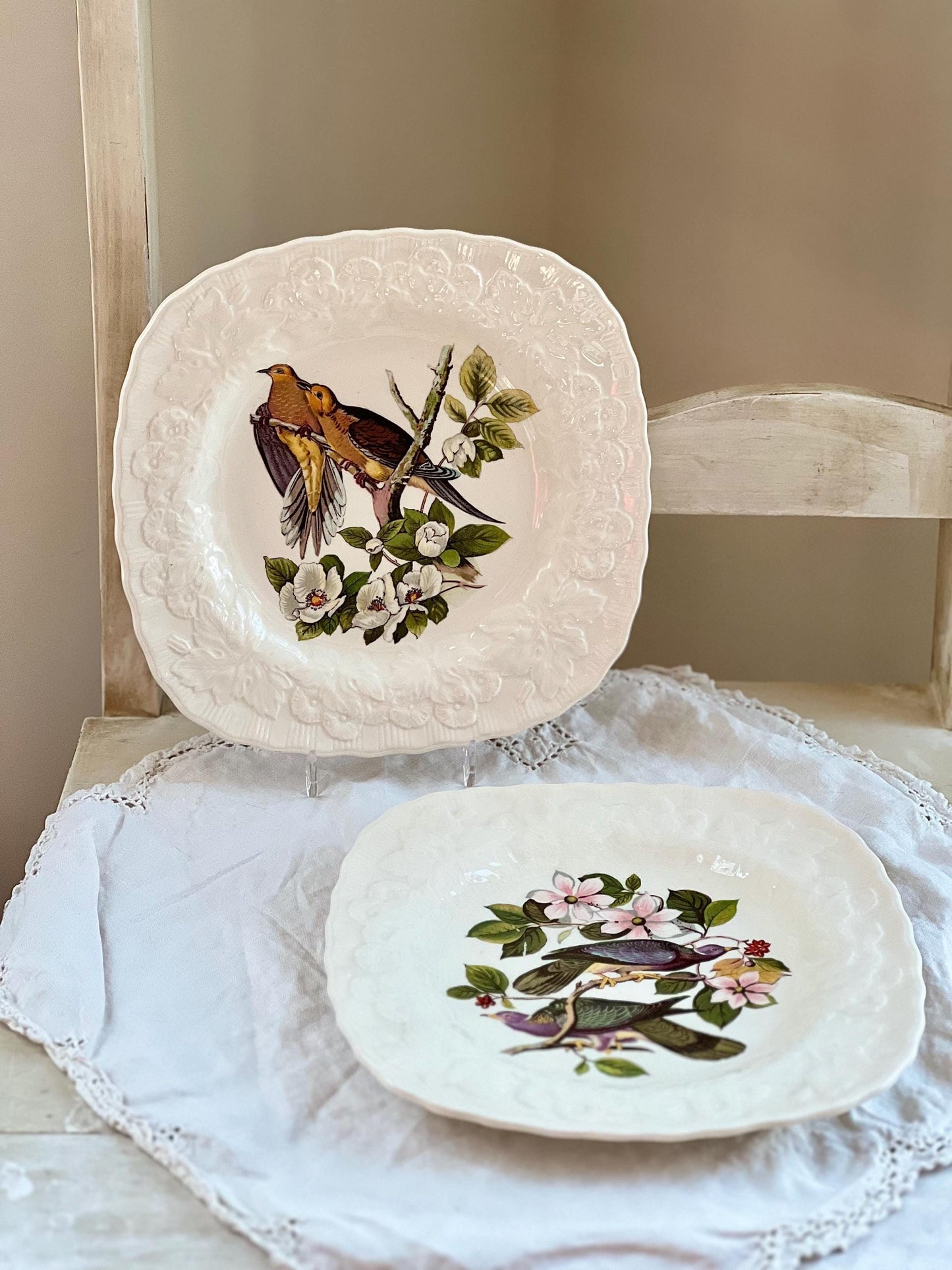 Beautiful Pair of Birds of America Square Shaped Plates, Alfred Meakin, Audubon's Birds of America, Band Tailed Pigeon, Carolina Turtle Dove