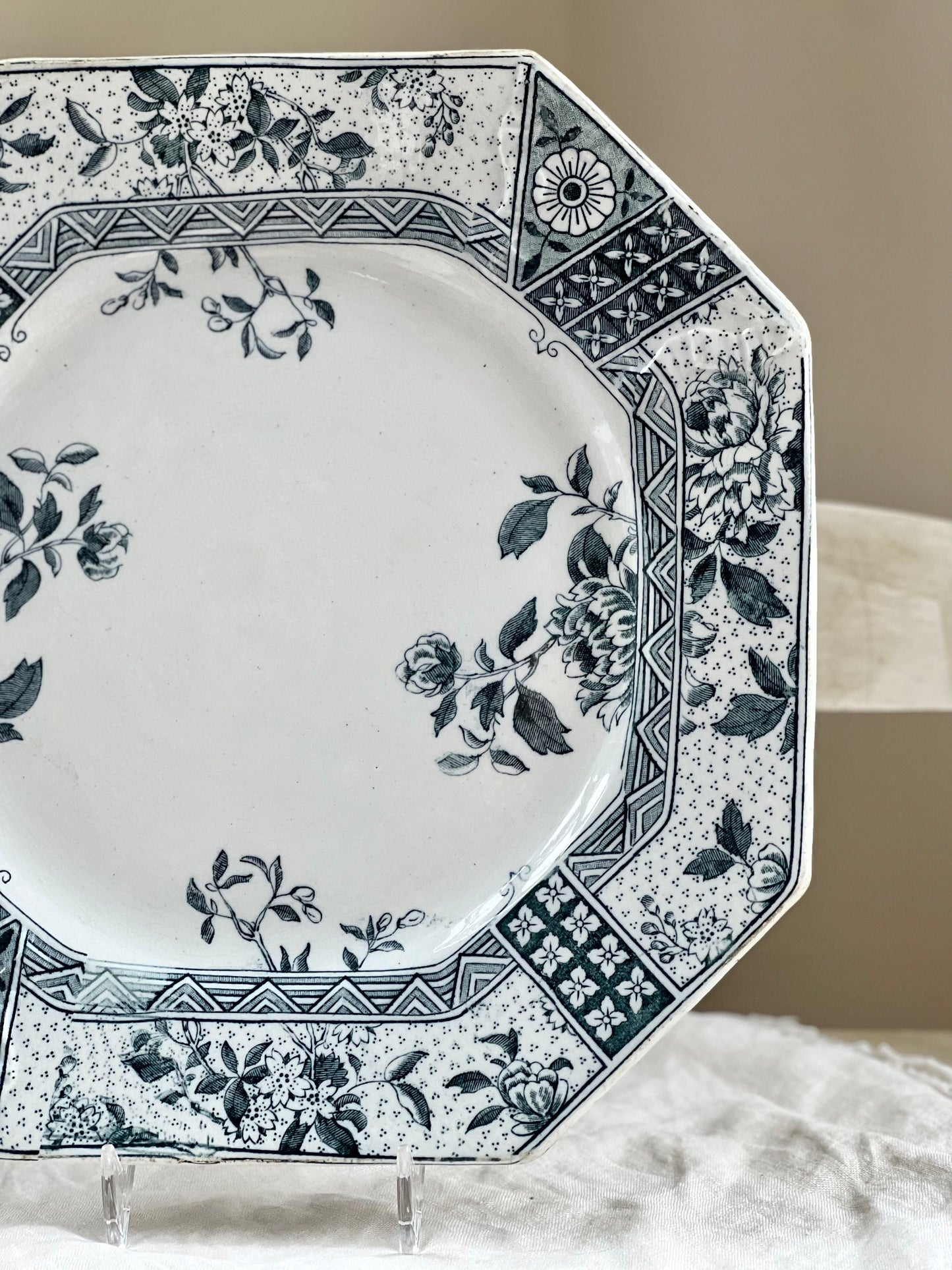 Antique C. Challinor & Co "Melbourne" Blue Gray Transferware Plate, 1800's Octagonal Shaped Aesthetic Movement Transferware Dish, England