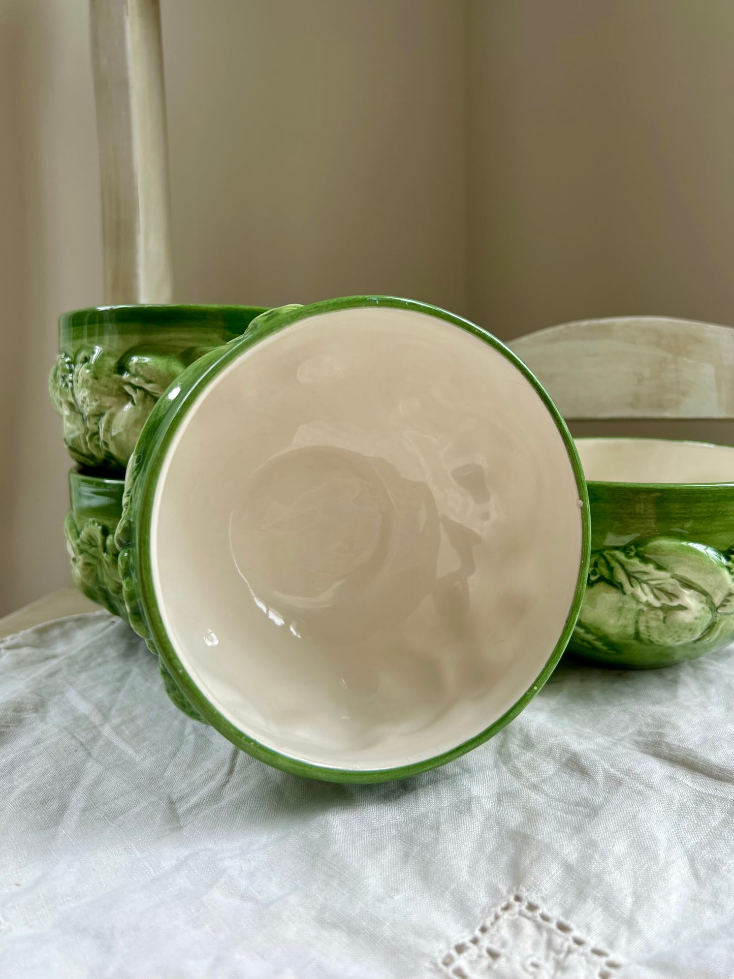Beautiful Set (4) Casafina Fruit Relief Green Hand Painted Bowls, Portugal