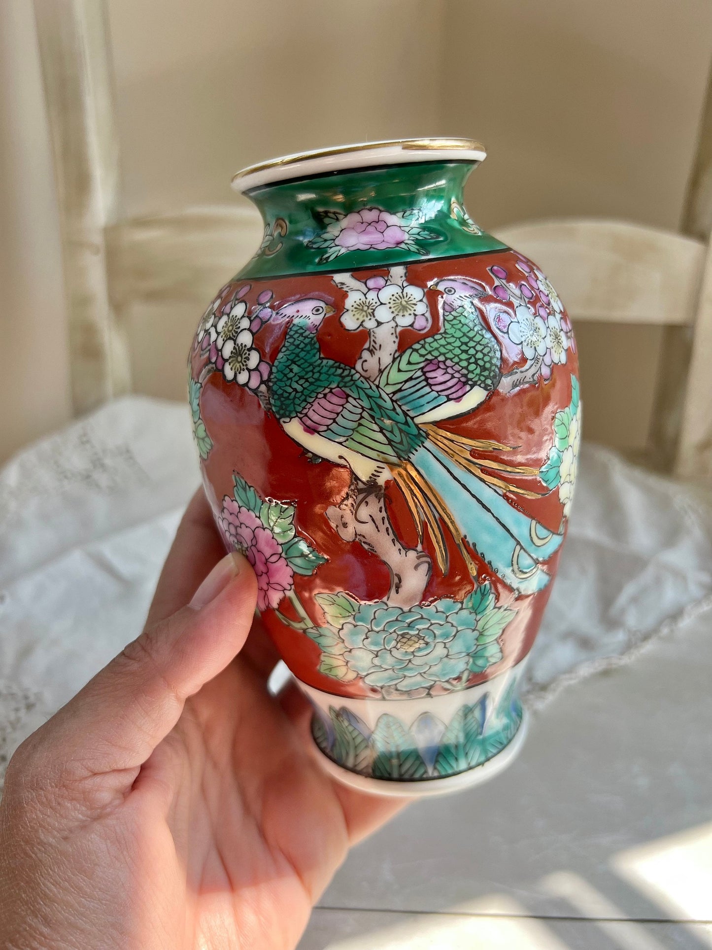 Beautiful Vintage Japanese Porcelain Hand Painted Vase with Birds & Flowers, 6" tall