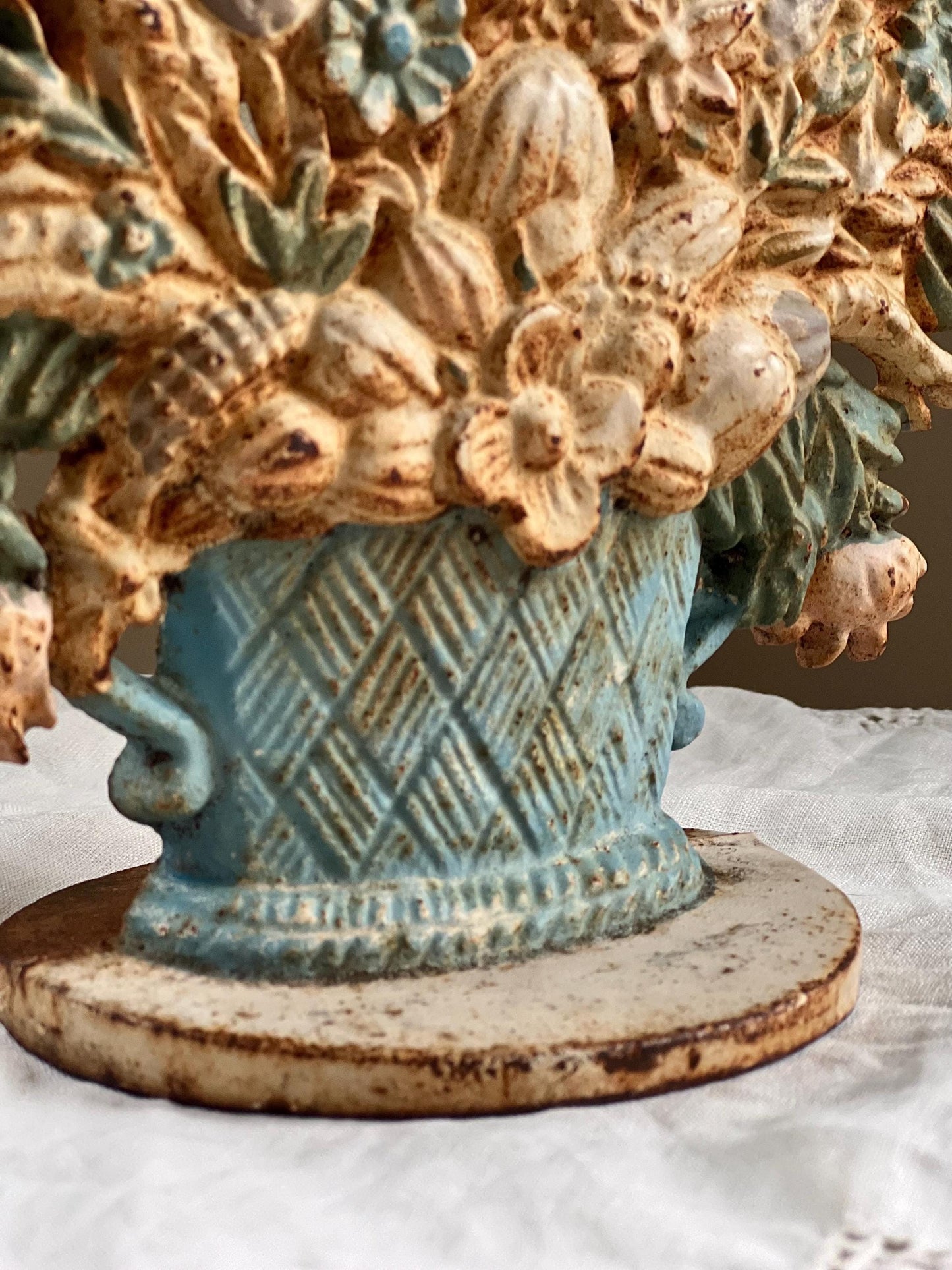 Beautiful Vintage or Antique Cast Iron Flower Bouquet Doorstop with Rustic Patina