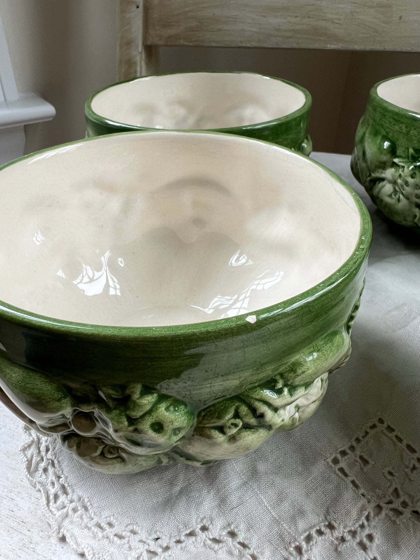 Beautiful Set (4) Casafina Fruit Relief Green Hand Painted Bowls, Portugal