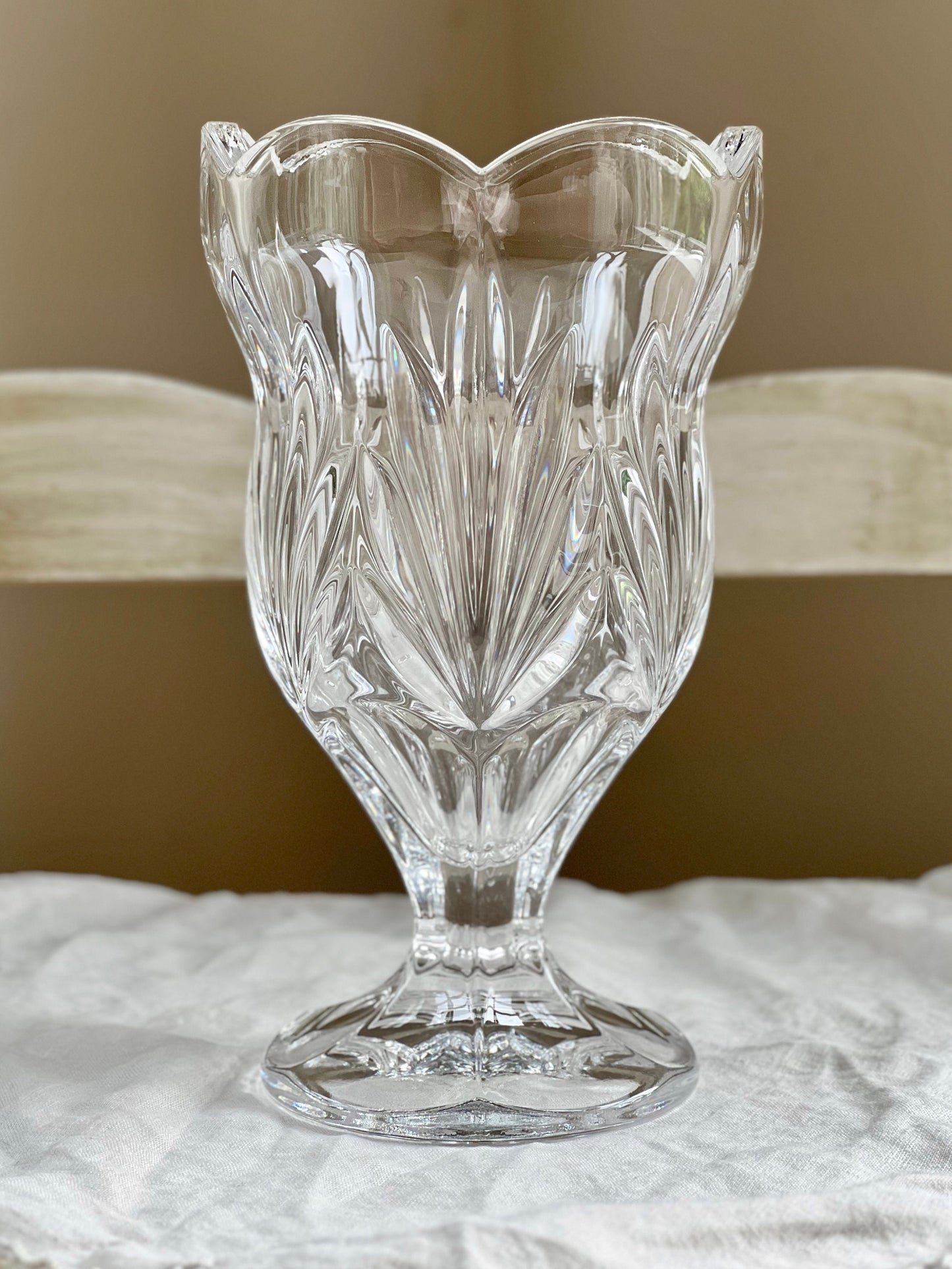 Beautiful Vintage Crystal Tulip Shaped Vase with Scalloped Edge, Heavy Crystal Footed Vase