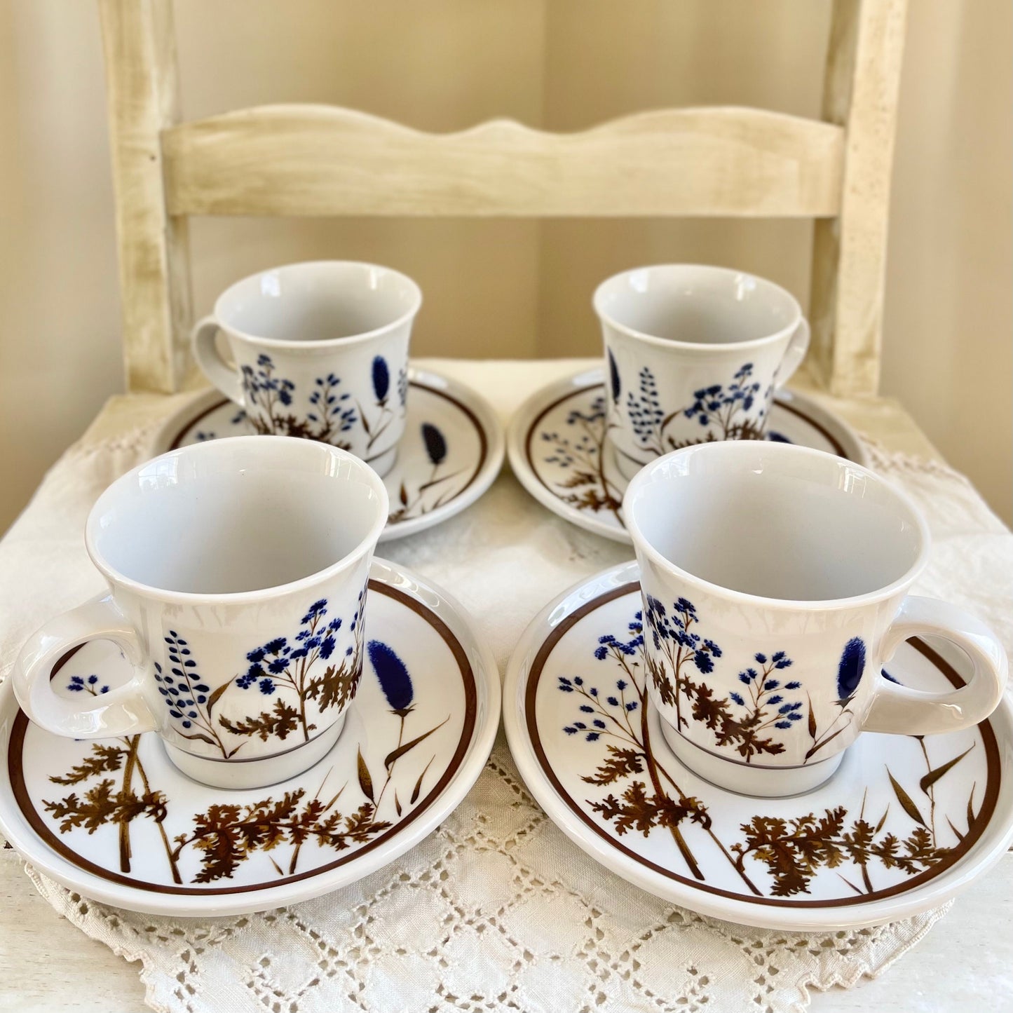 Set of 4, Vintage Winsome by Noritake Primastone, Flat Cup and Saucers, Vintage Stoneware Coffee Mugs, Vintage Stoneware Mugs & Saucers