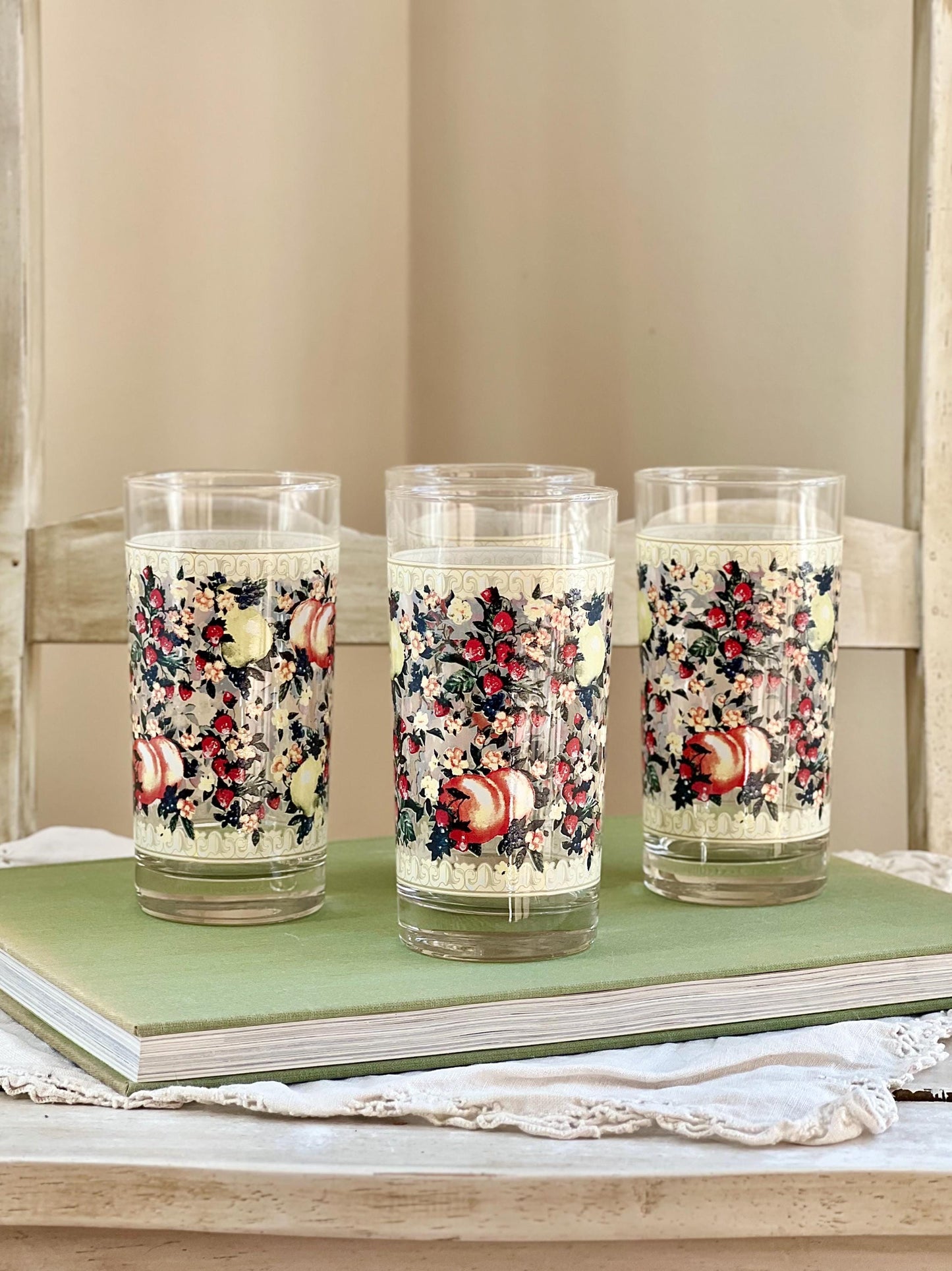 Vintage Set (4) Avon Sweet Country Harvest Tumblers, 12 oz Drinking Glasses with Fruit & Flowers