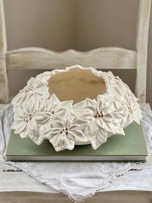Vintage Poinsettia Centerpiece by Atlantic Mold, Christmas Holiday Ceramic Poinsettia Centerpiece or Candle Holder, Vintage Tabletop Decor