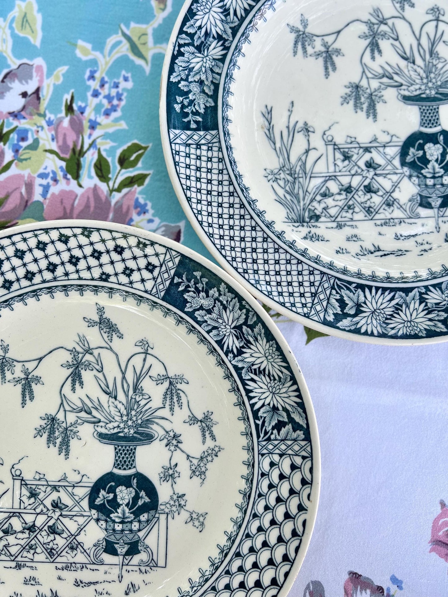 Beautiful Pair of Antique Copeland Aesthetic Movement Plates, Kew Pattern, London Botanical Gardens, England