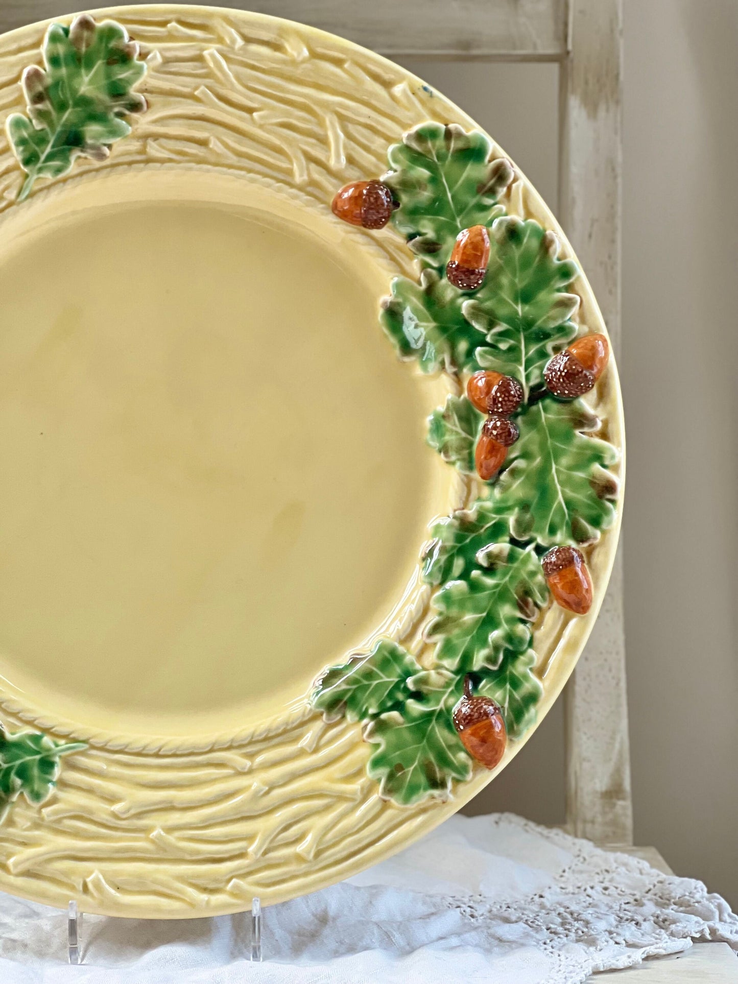 Bordallo Pinheiro Oak Leaf Yellow 13” Chop Plate, Round Platter, Acorns & Oak Leaves