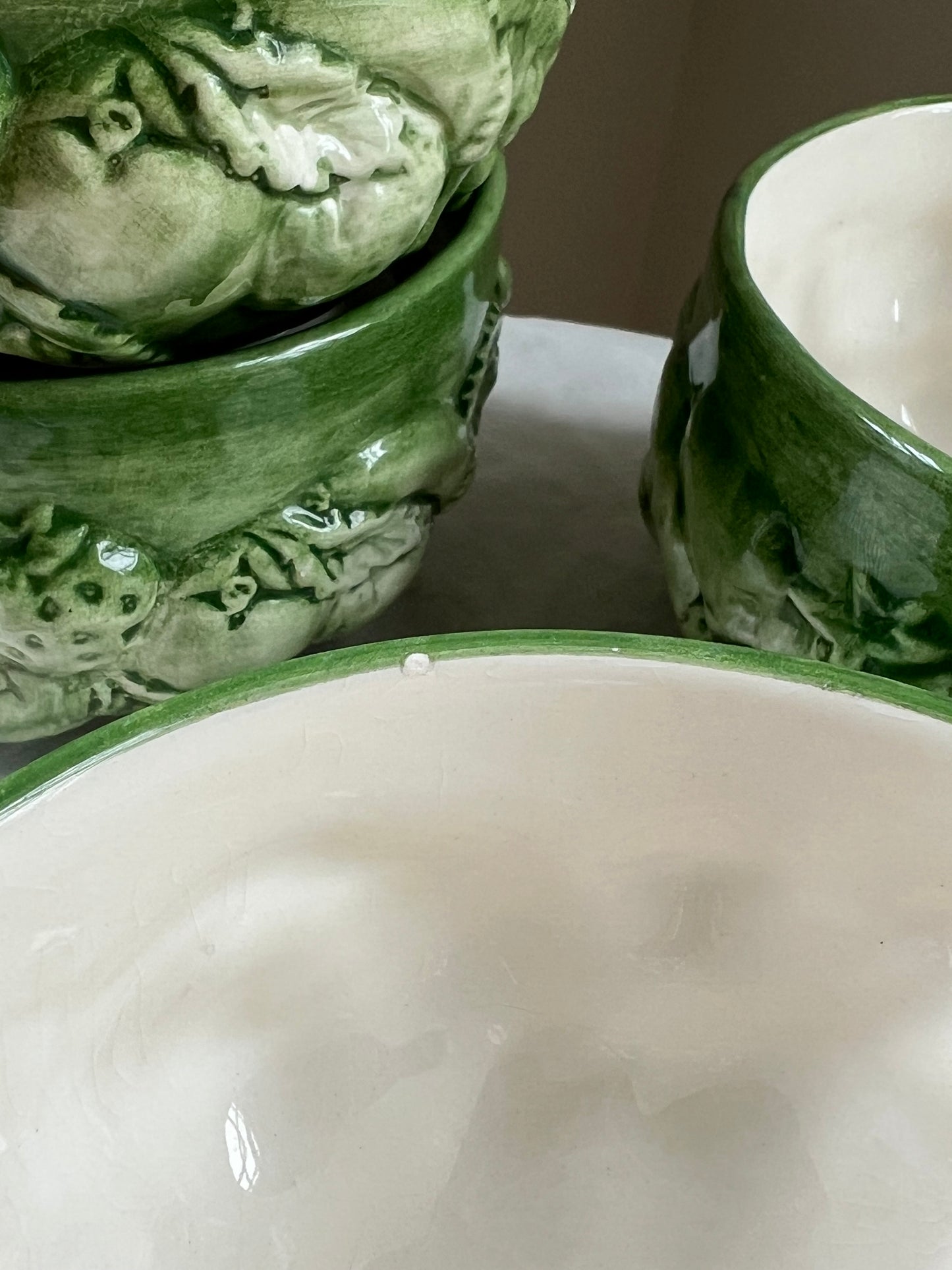 Beautiful Set (4) Casafina Fruit Relief Green Hand Painted Bowls, Portugal