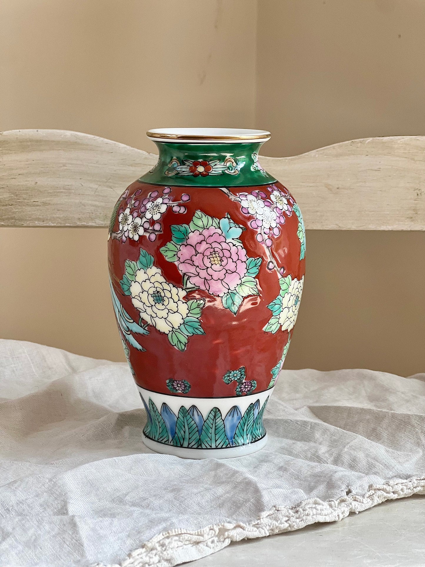 Beautiful Vintage Japanese Porcelain Hand Painted Vase with Birds & Flowers, 6" tall