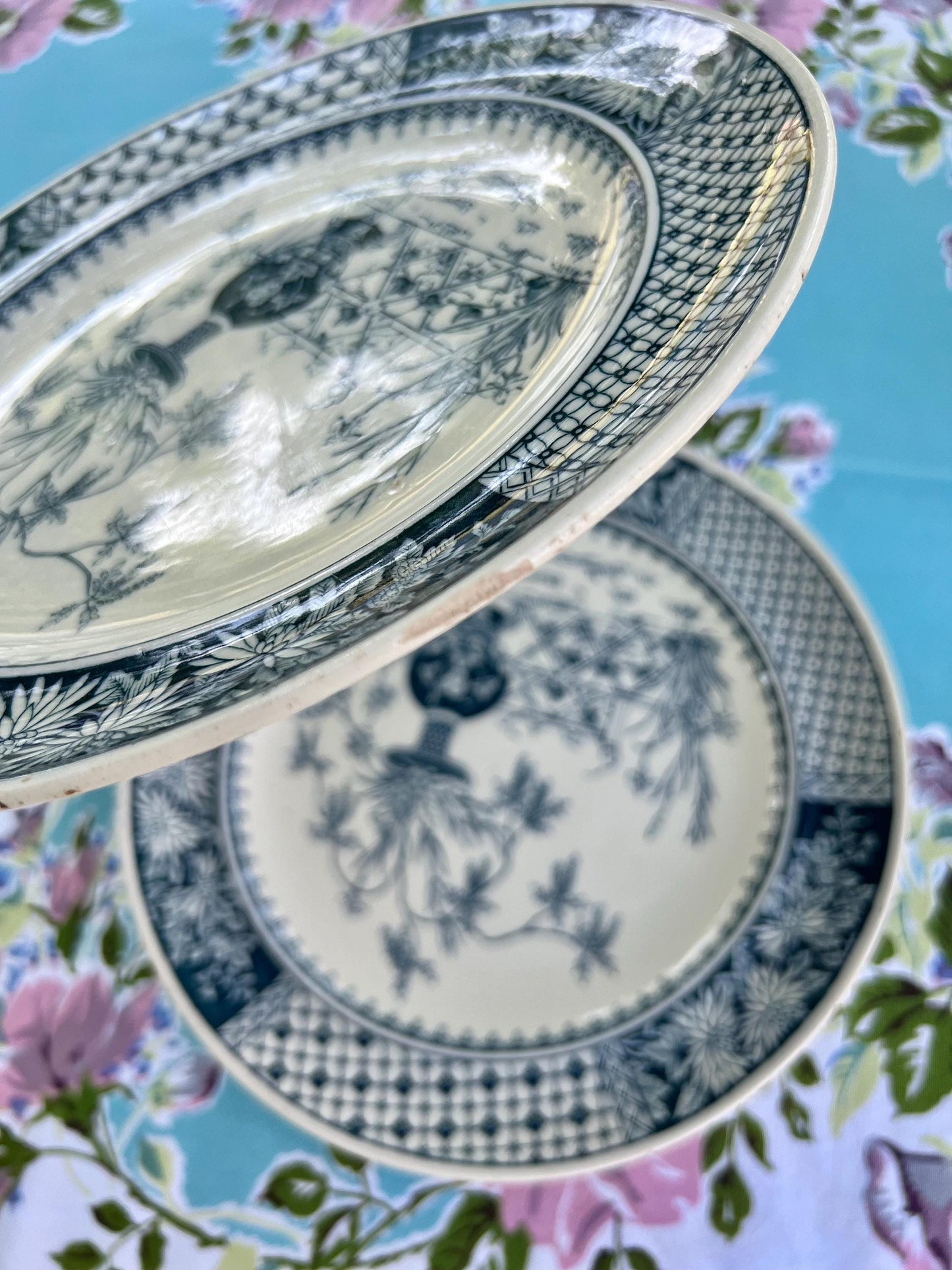 Beautiful Pair of Antique Copeland Aesthetic Movement Plates, Kew Pattern, London Botanical Gardens, England