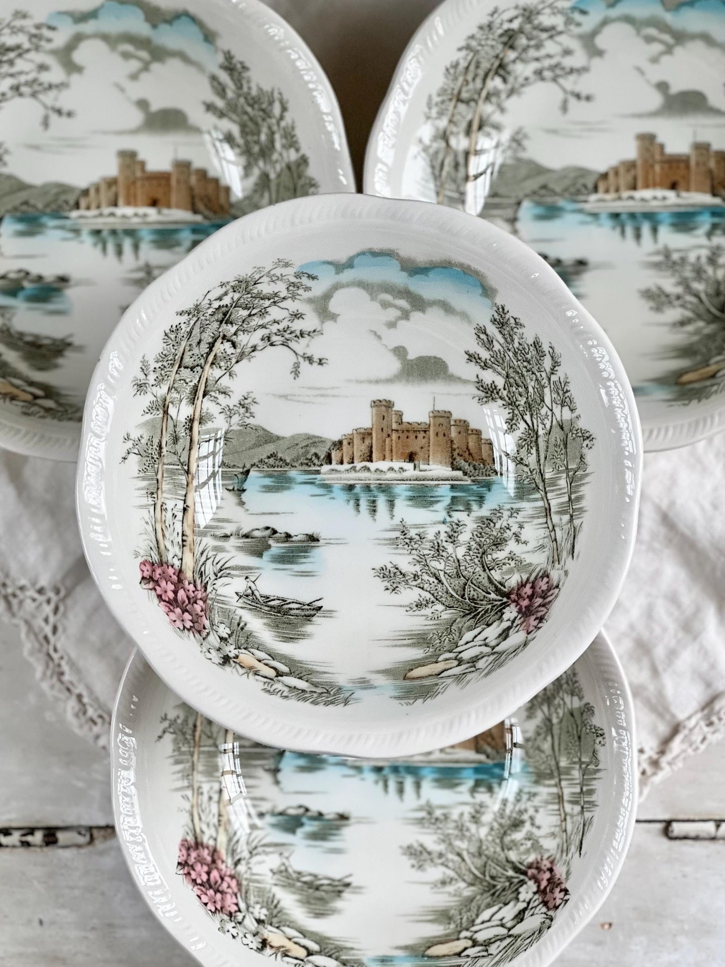 Set (4) Vintage Queen's Castle 6.5” Bowls by Alfred Meakin, England, Ironstone Transferware