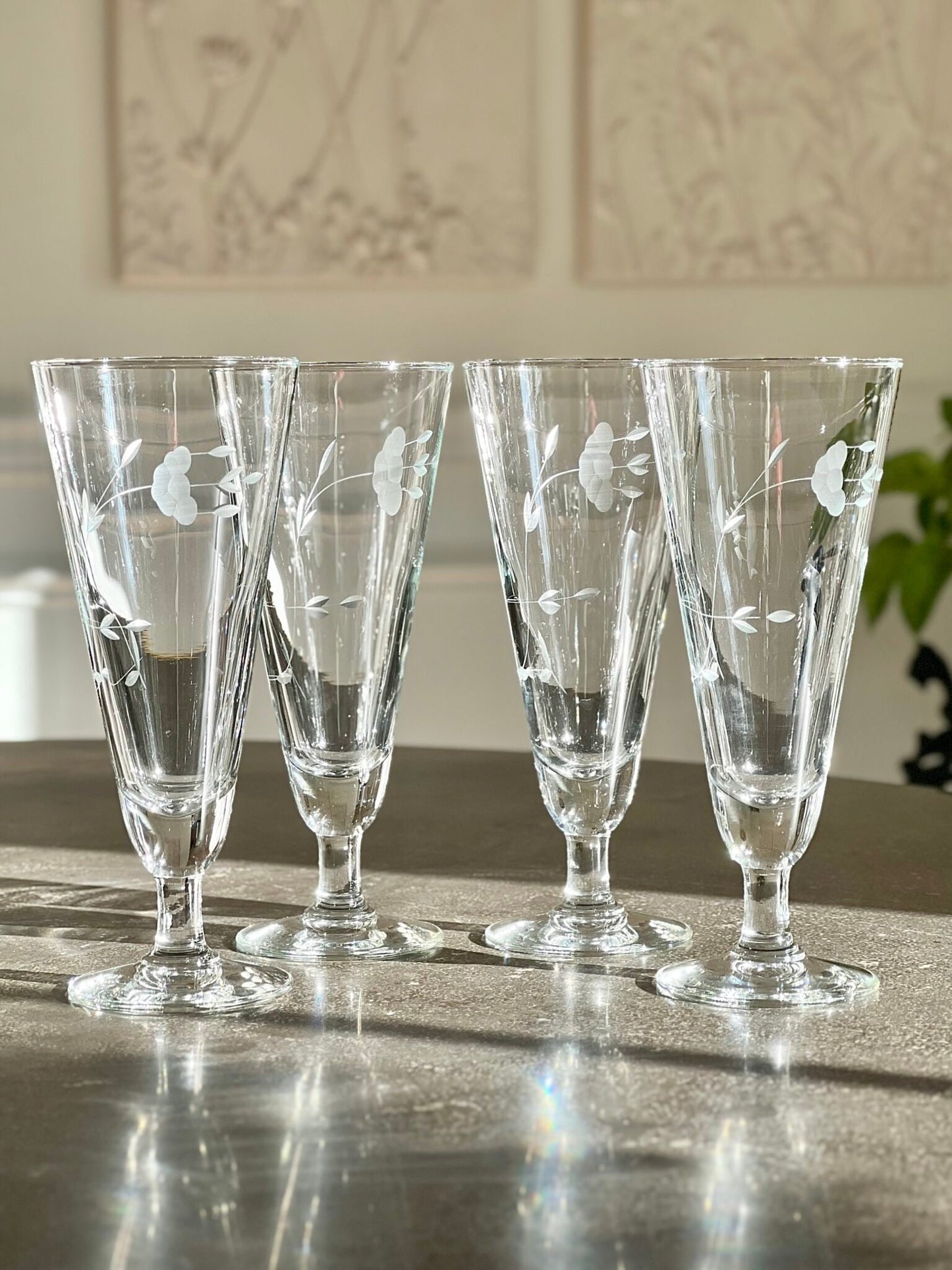 Set (4) Etched Crystal Pilsners, Vintage Etched Floral Glassware