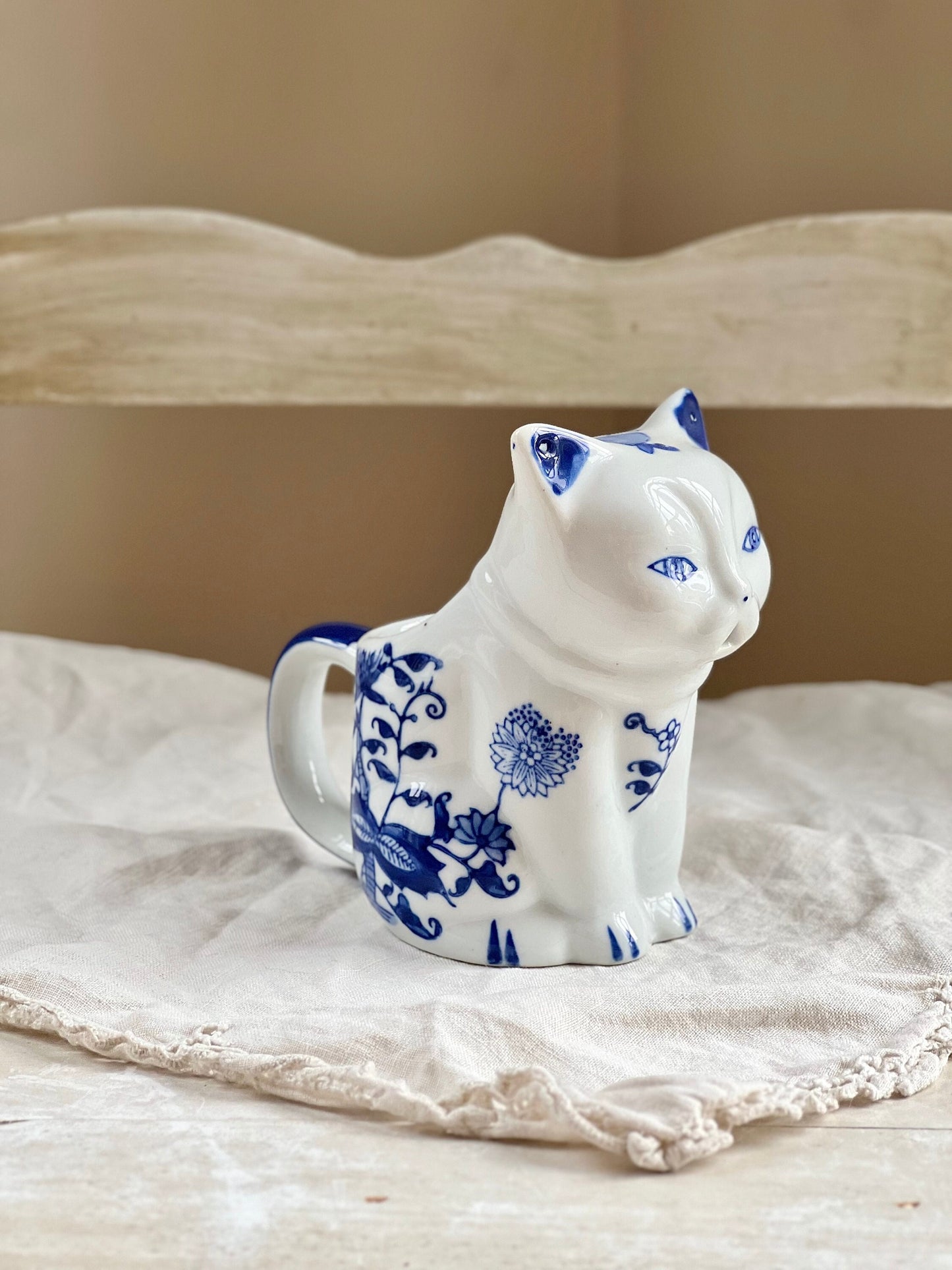 Vintage Blue & White Cat Shaped Porcelain Creamer