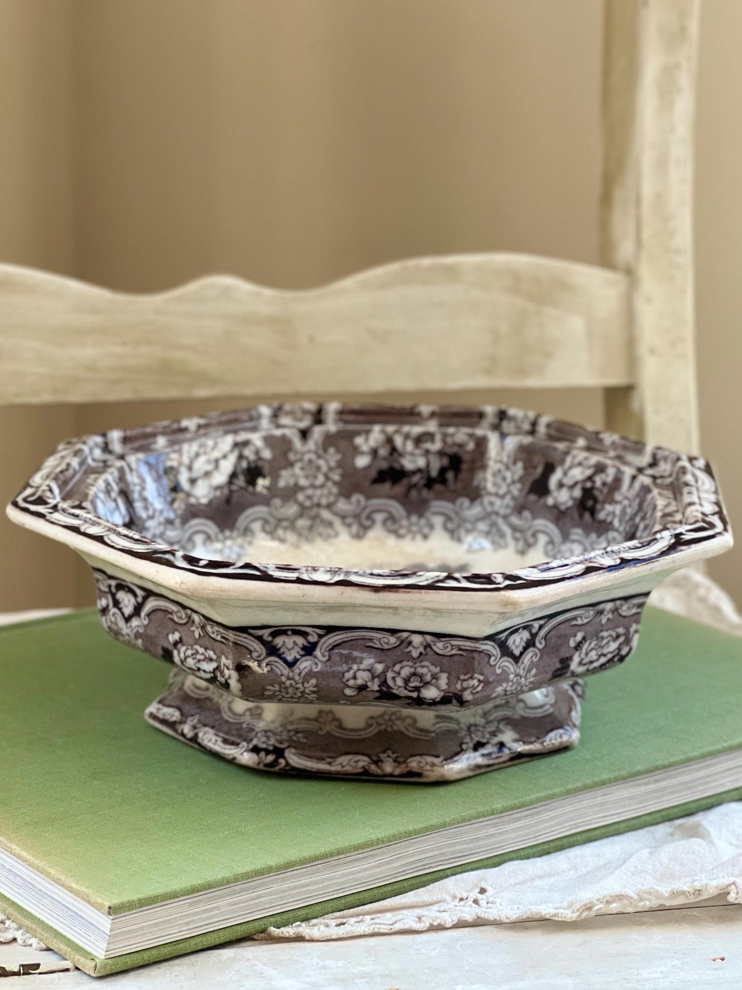 Antique J Clementson "Udina" Mulberry Transferware Footed Pedestal Octagonal Bowl, Distressed Ironstone, Mid 19th Century England