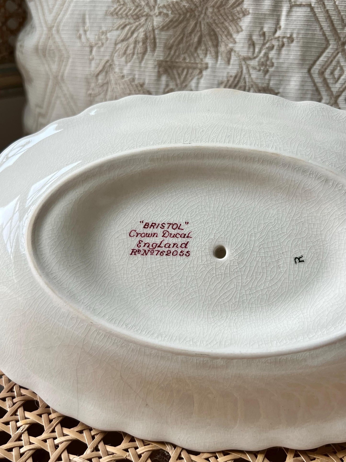 Vintage Crown Ducal Bristol Pink Red Transferware Gravy Boat with Attached Underplate, Distressed Vintage Ironstone Saucier, Made in England