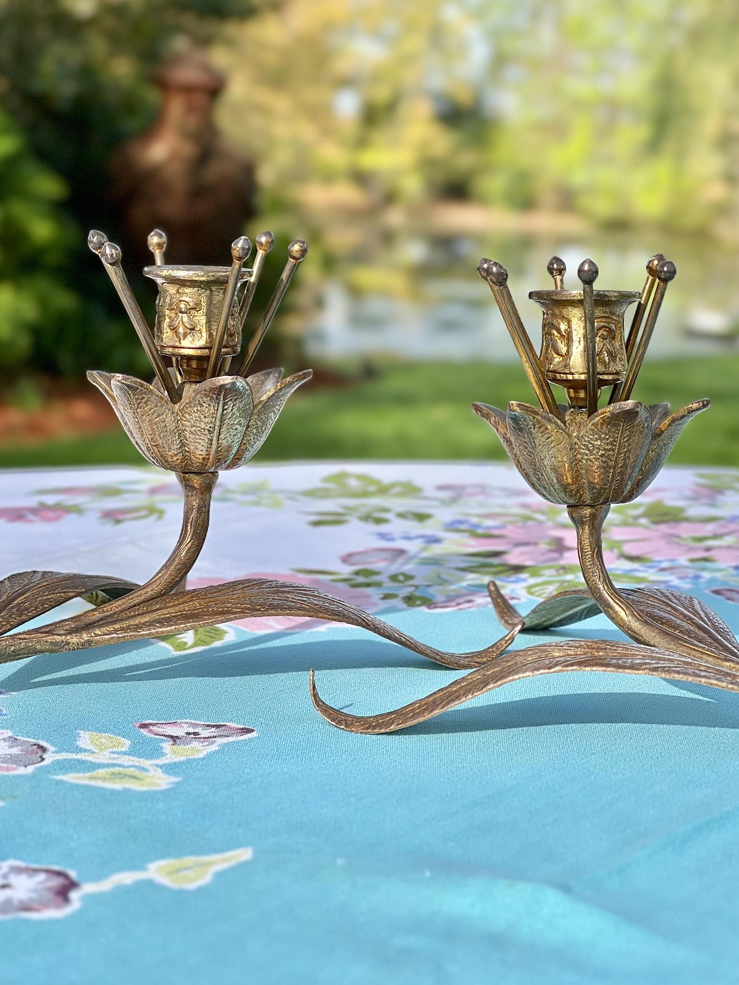 Gorgeous Pair of Vintage Brass Flower Candle Holders, S. Agudo Style Candle Holders
