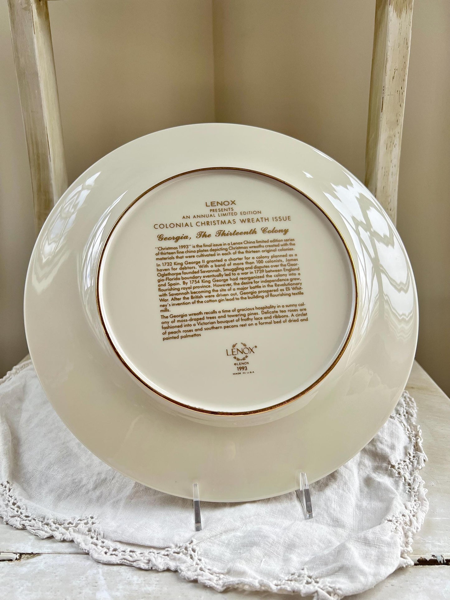 Vintage Lenox Colonial Christmas Wreath "Georgia, The Thirteenth Colony" Collector's Plate, Christmas 1993