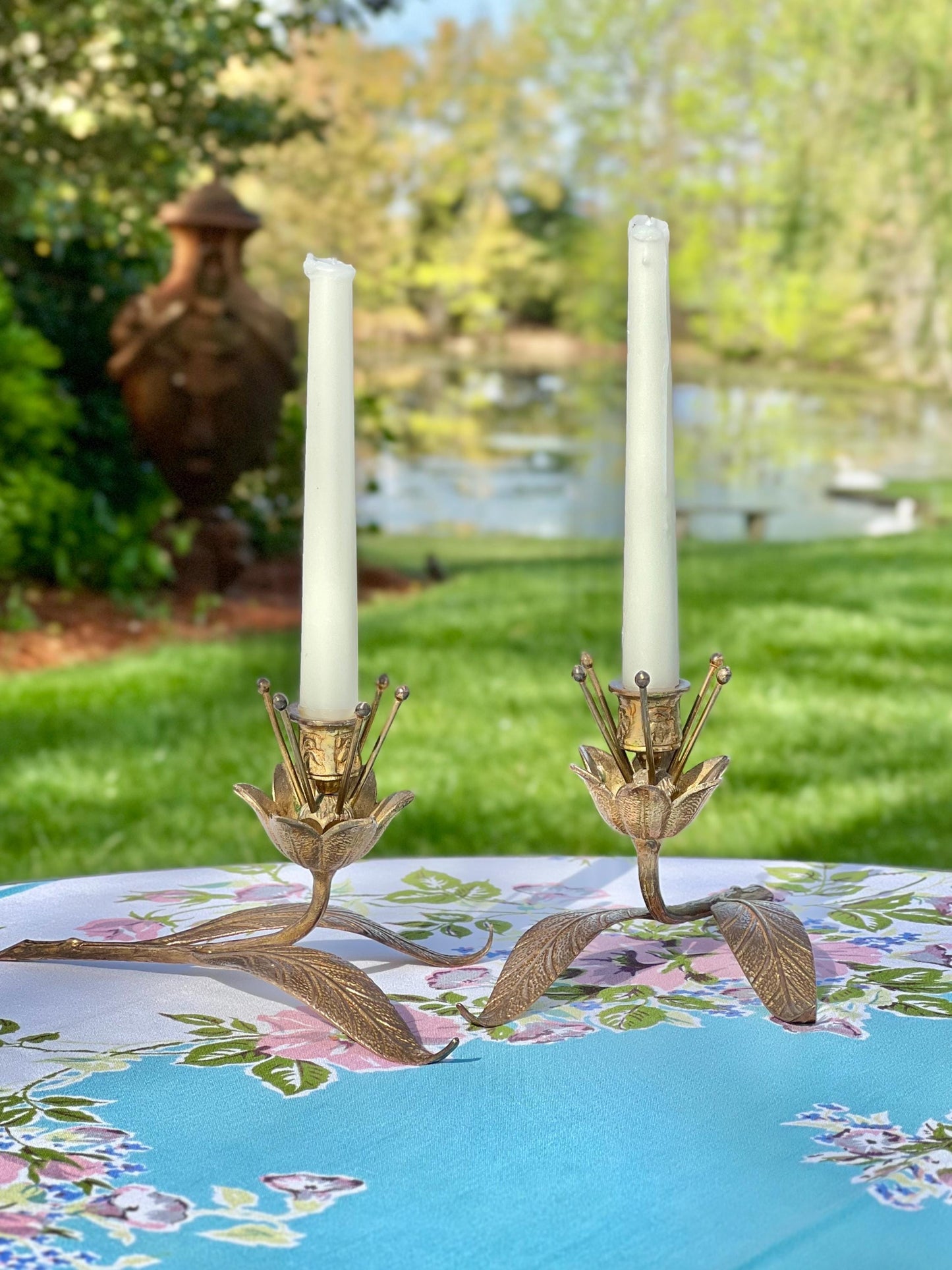 Gorgeous Pair of Vintage Brass Flower Candle Holders, S. Agudo Style Candle Holders