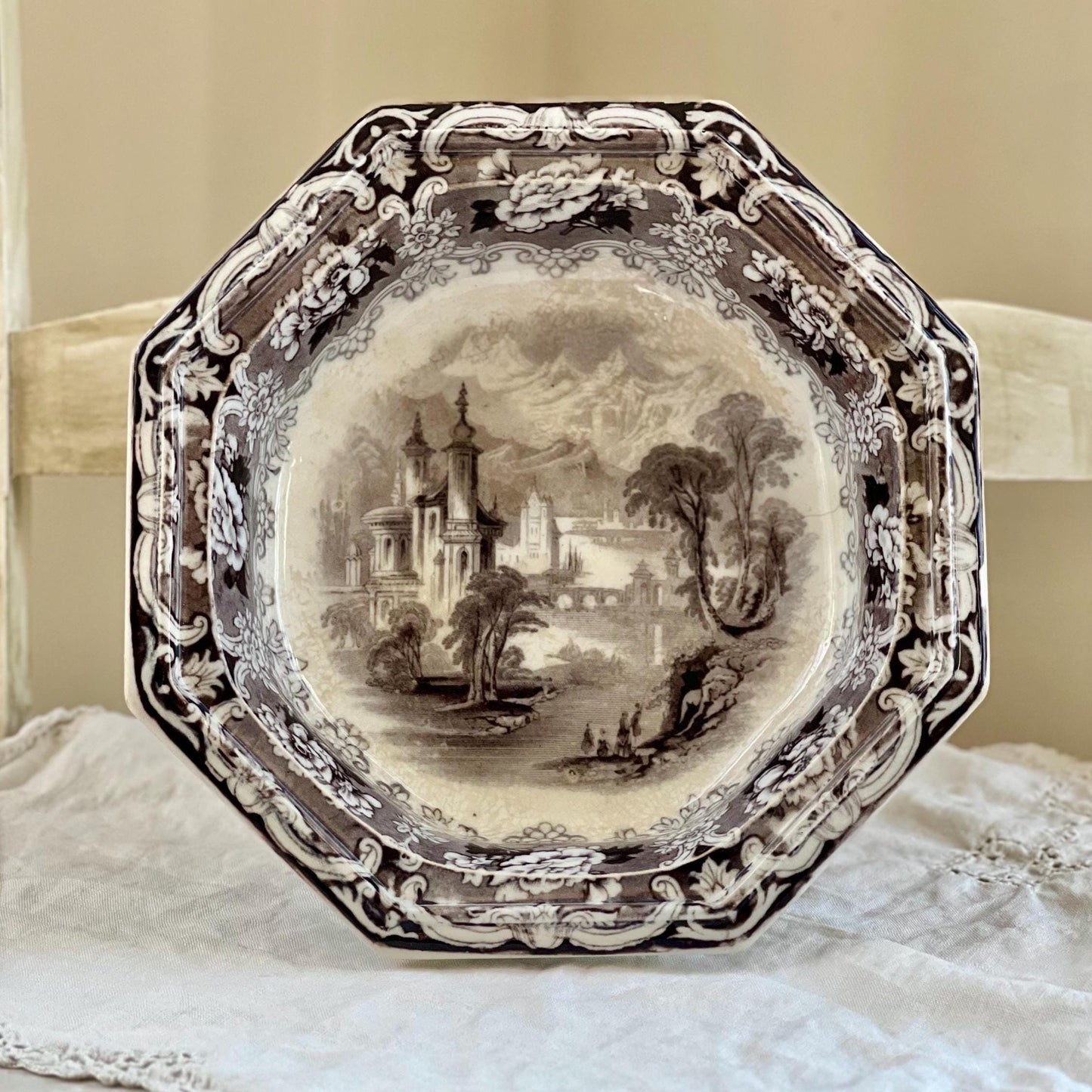 Antique J Clementson "Udina" Mulberry Transferware Footed Pedestal Octagonal Bowl, Distressed Ironstone, Mid 19th Century England