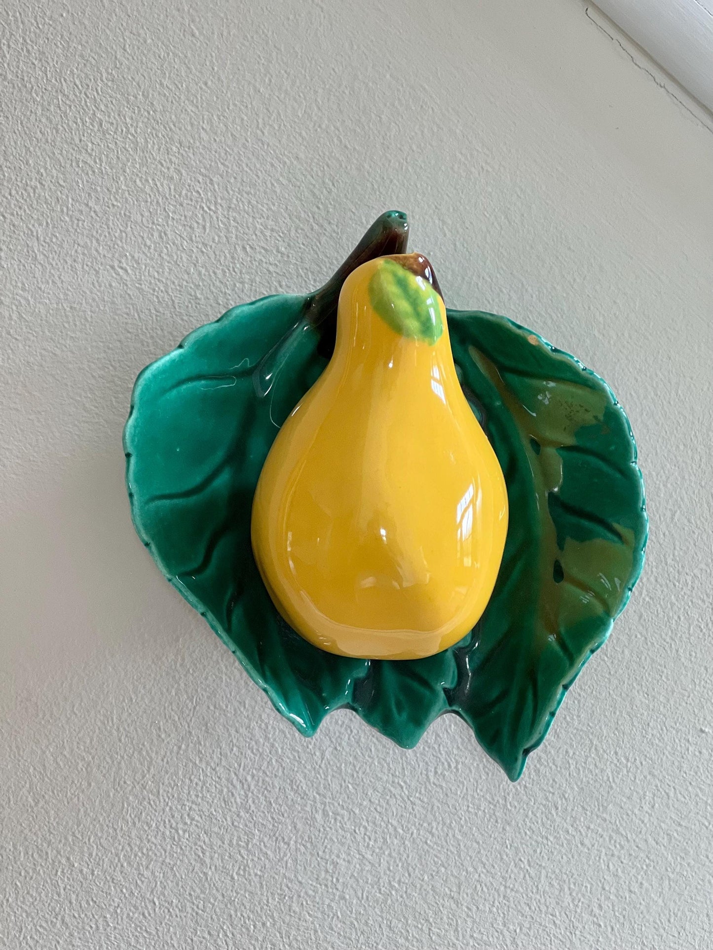 Vintage Ceramic Pear and Leaf Wall Pocket, Sculptural Pear Shaped Wall Vase, 6" tall