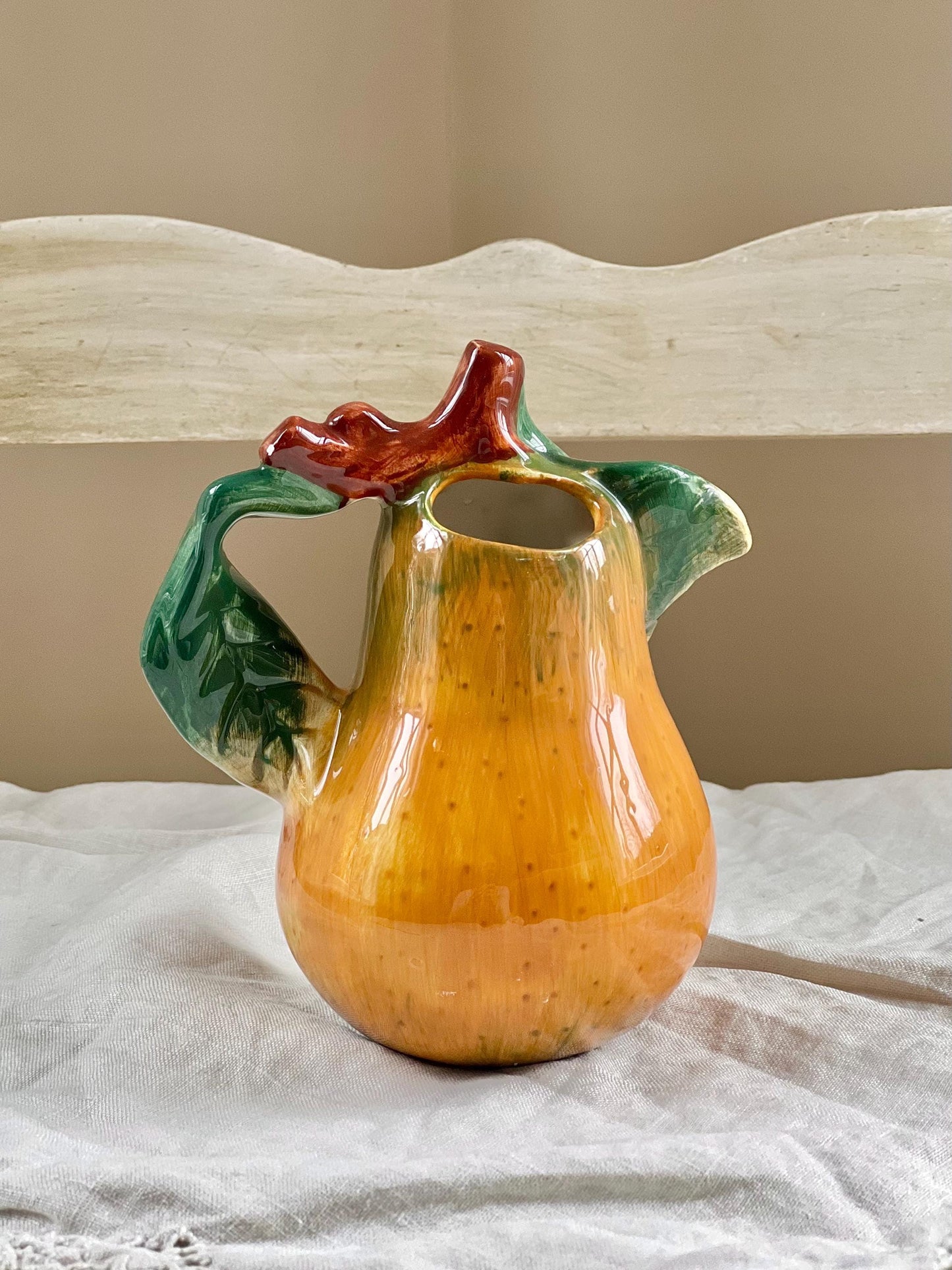 Vintage Cermaic Pear Creamer, Sculptural Fruit, Majolica Style Pear Mini Pitcher or Vase, 5.25" tall