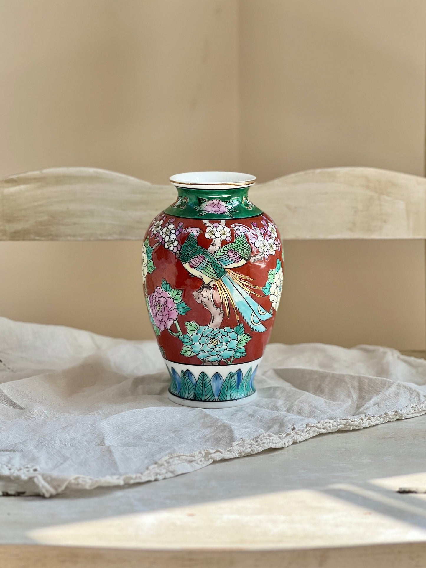 Beautiful Vintage Japanese Porcelain Hand Painted Vase with Birds & Flowers, 6" tall