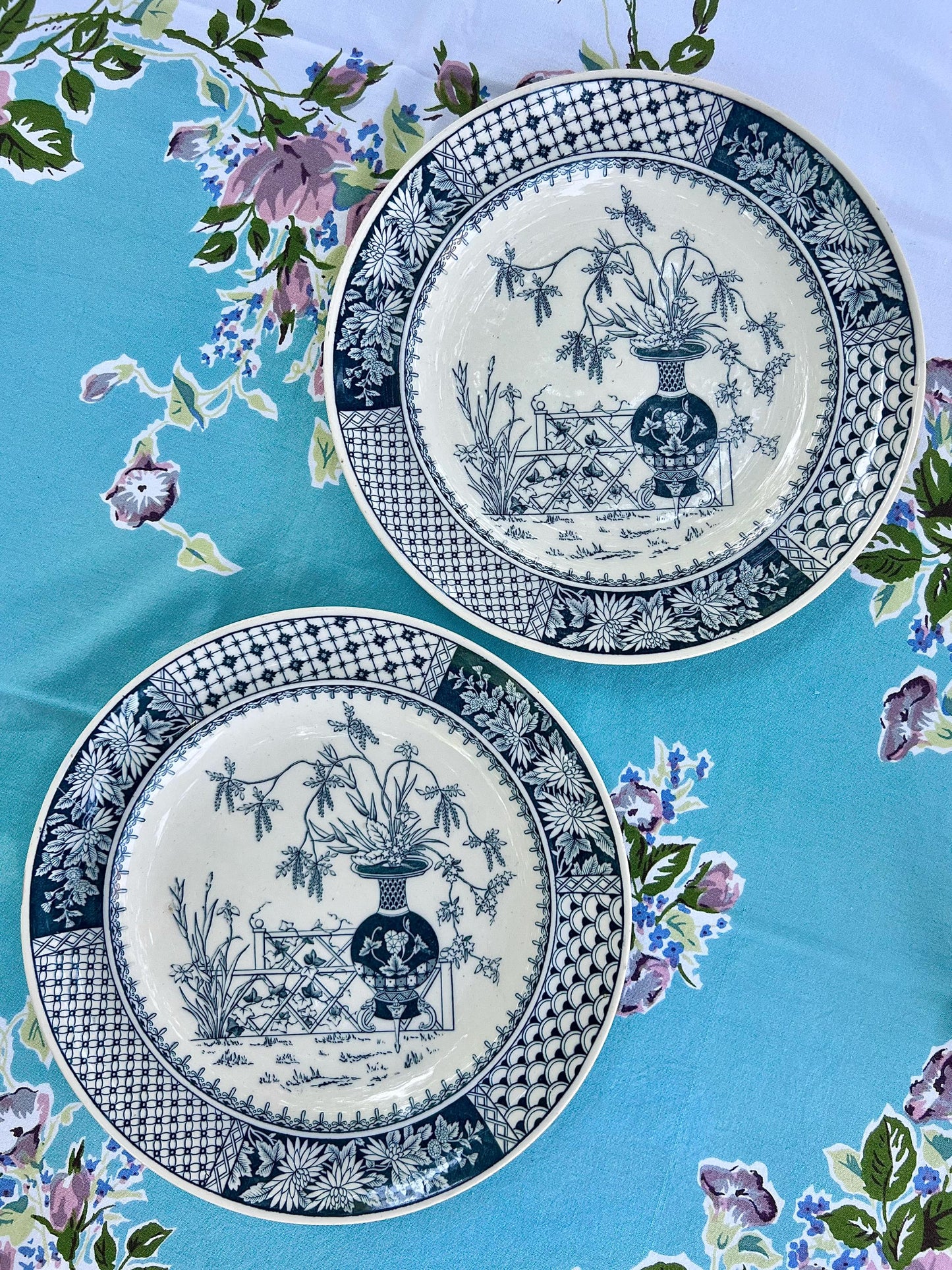 Beautiful Pair of Antique Copeland Aesthetic Movement Plates, Kew Pattern, London Botanical Gardens, England