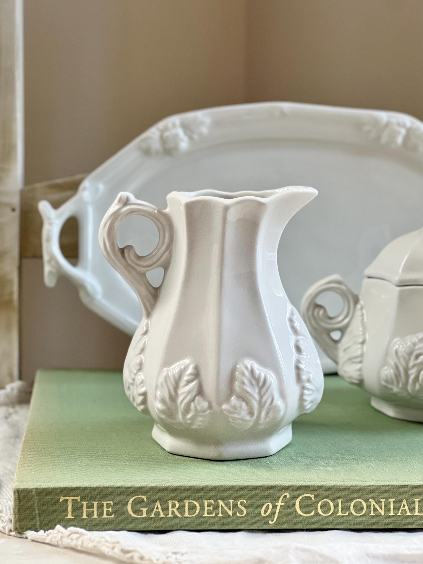 Beautiful Vintage Three Piece Ironstone Creamer & Sugar Set with Tray by Red-Cliff, Grape Pattern