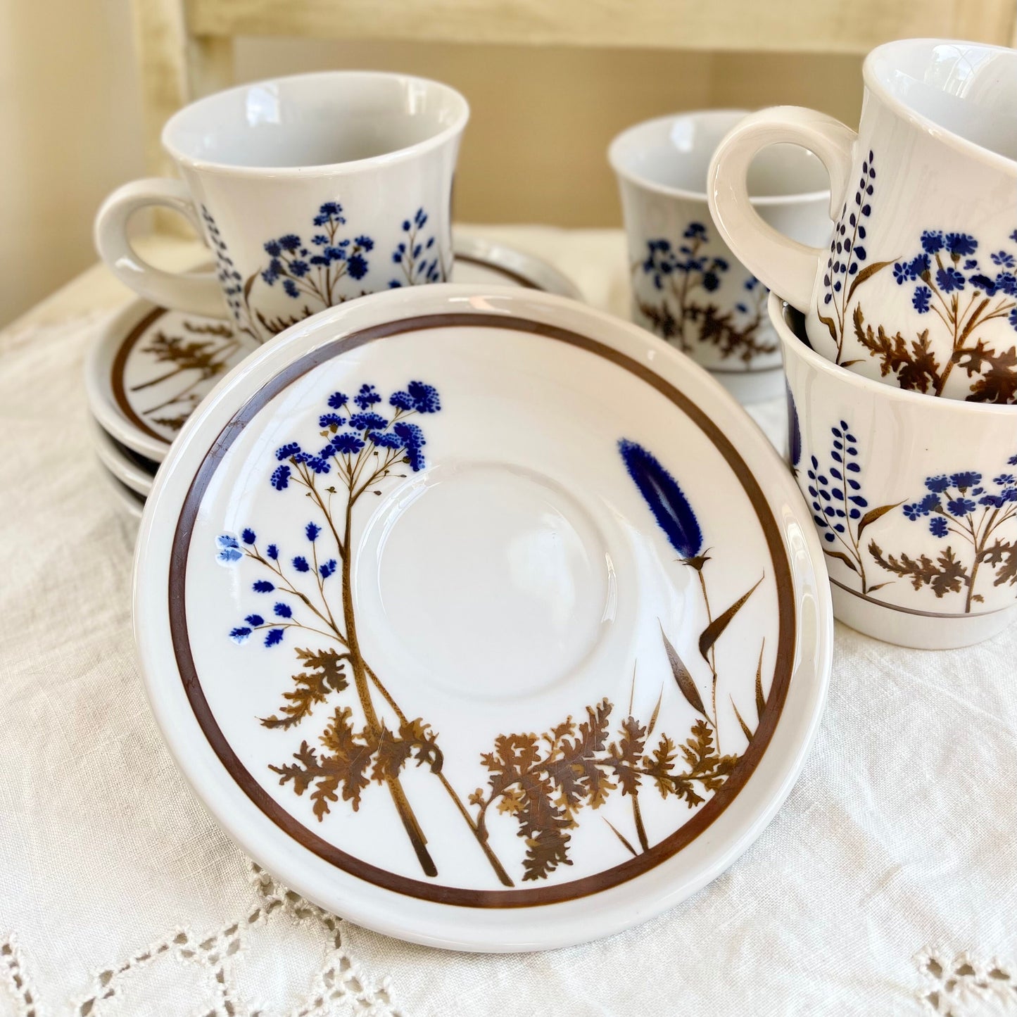 Set of 4, Vintage Winsome by Noritake Primastone, Flat Cup and Saucers, Vintage Stoneware Coffee Mugs, Vintage Stoneware Mugs & Saucers