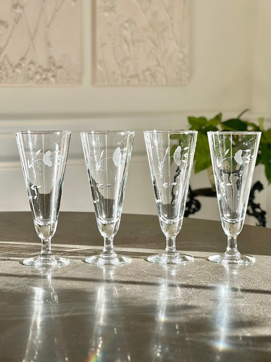 Set (4) Etched Crystal Pilsners, Vintage Etched Floral Glassware