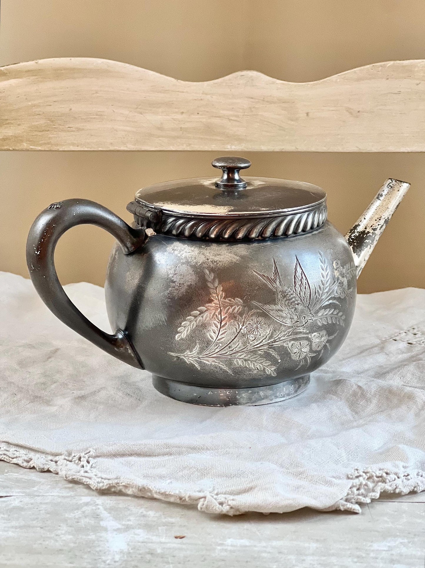 Antique Victorian Silver Plate Teapot by Middletown Plate Co. with Hinged Lid & Beautiful Bird and Foliage Engraving