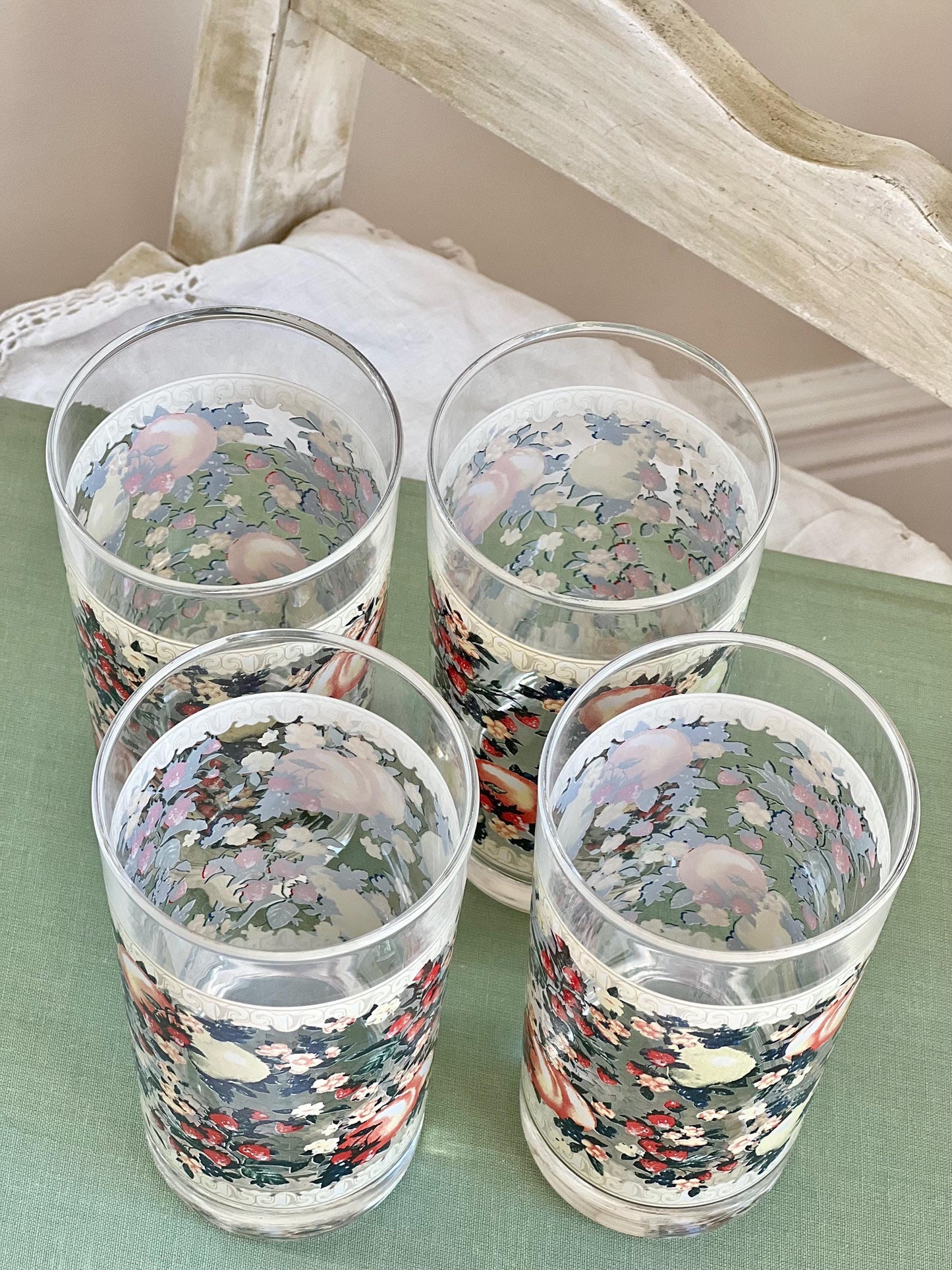 Vintage Set (4) Avon Sweet Country Harvest Tumblers, 12 oz Drinking Glasses with Fruit & Flowers