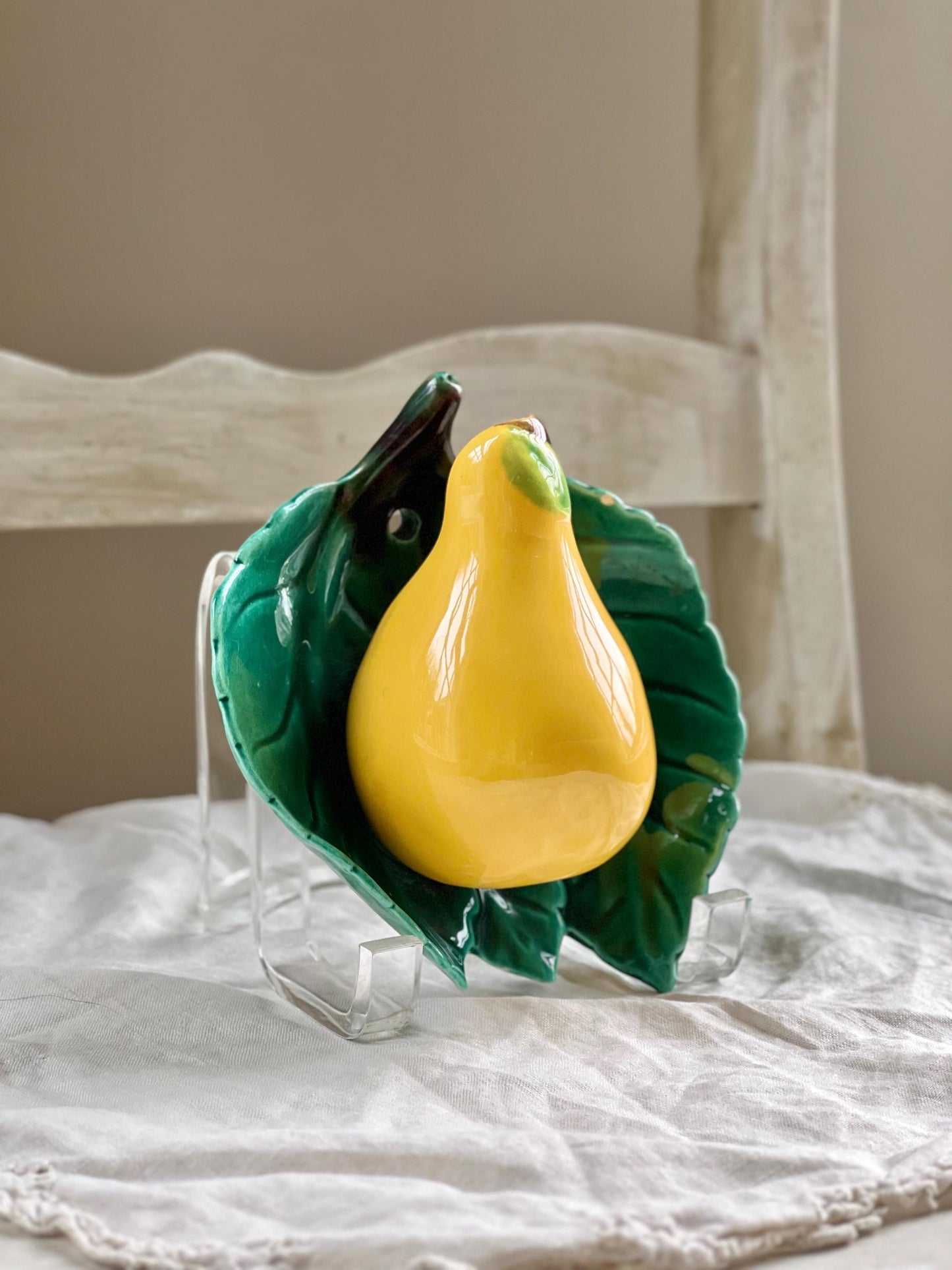 Vintage Ceramic Pear and Leaf Wall Pocket, Sculptural Pear Shaped Wall Vase, 6" tall