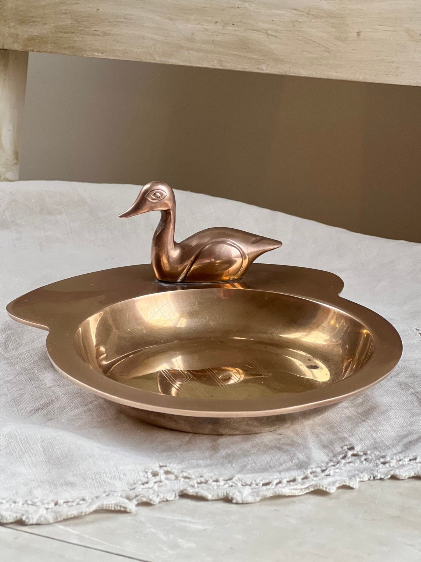 Vintage Brass Trinket Dish with Figural Duck Accent, Vintage Brass Pocket Change Dish, Brass Catchall