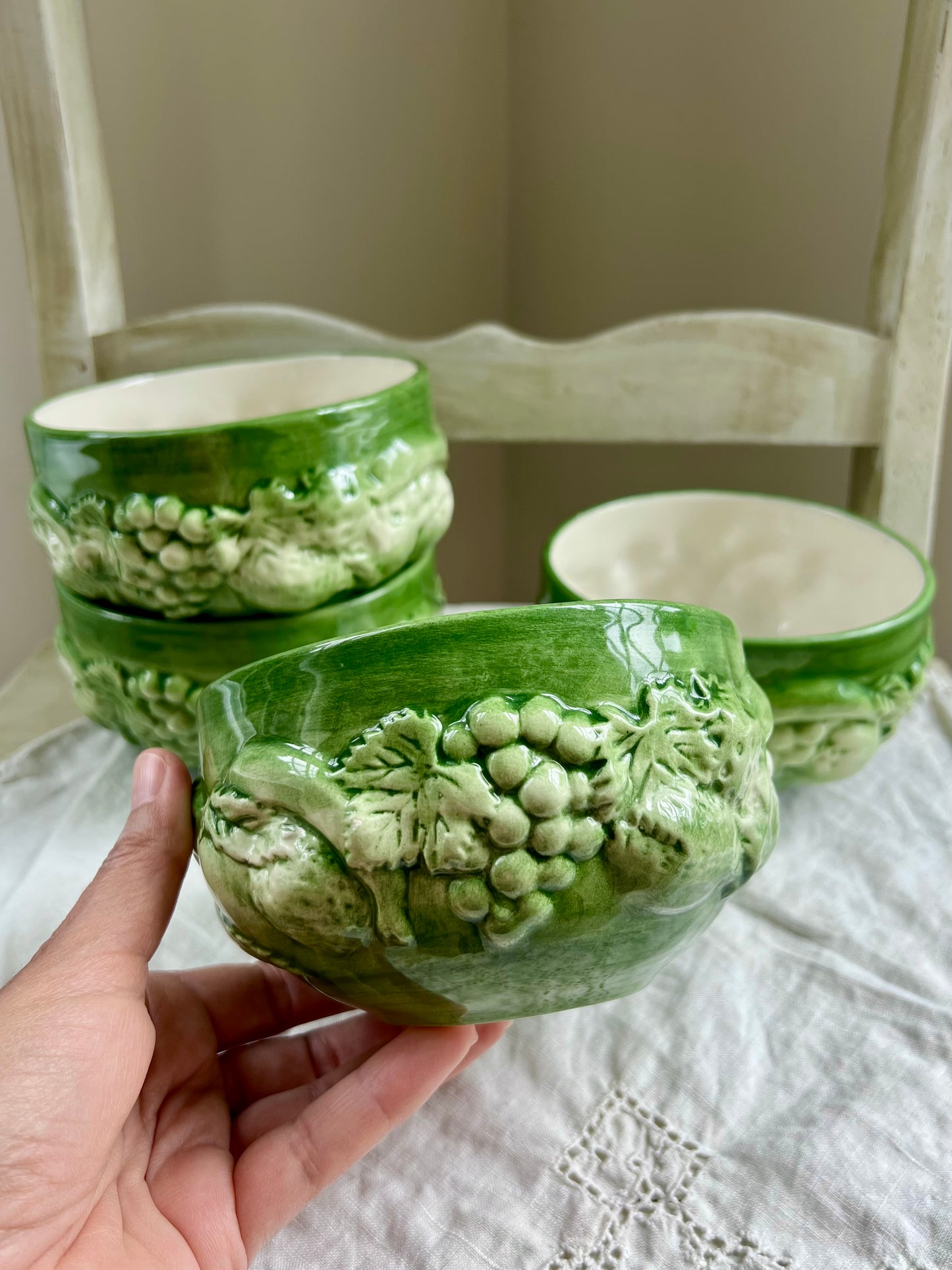 Beautiful Set (4) Casafina Fruit Relief Green Hand Painted Bowls, Portugal