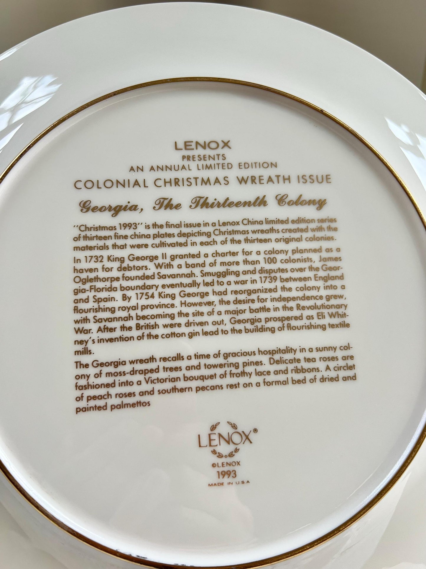 Vintage Lenox Colonial Christmas Wreath "Georgia, The Thirteenth Colony" Collector's Plate, Christmas 1993