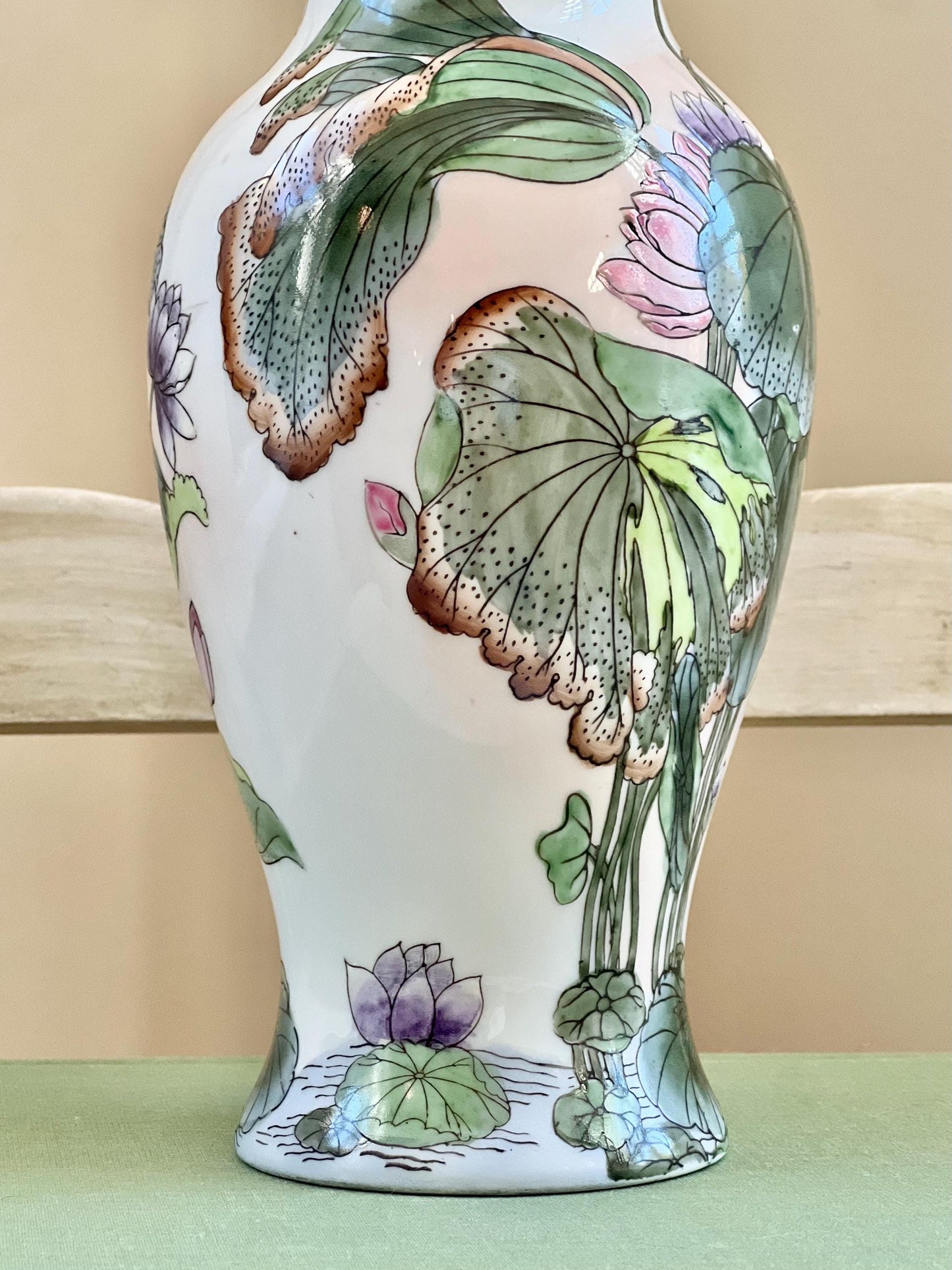 Beautiful Vintage Water Lily Vase, Vintage Toyo Macau Hand Painted Chinese Porcelain Vase with Lily Pads, 10" tall