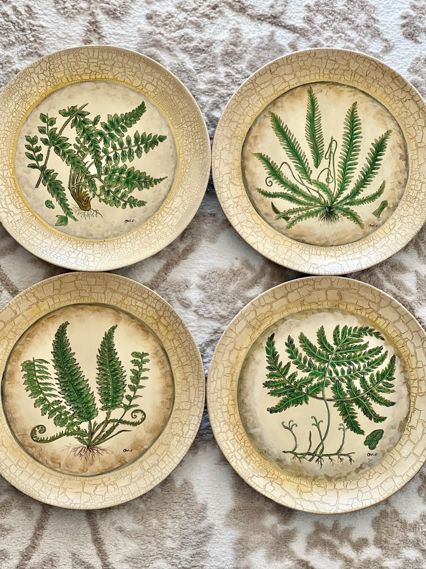 Set (4) Designer Hand Painted Fern Plates by Tam San Designs, Cornelius, NC, Artist Signed 10" Decorative Plates