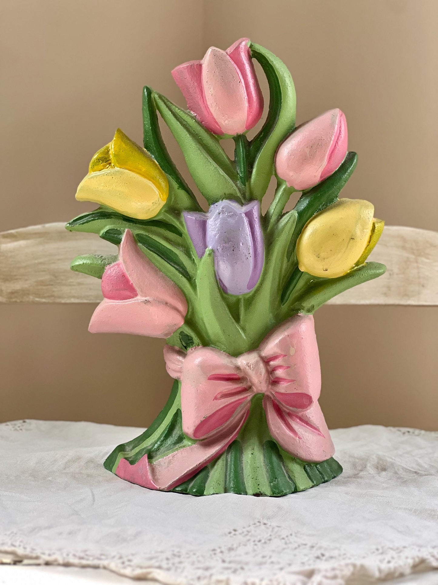 Beautiful Vintage Cast Iron Tulip Bouquet Doorstop, 10” tall