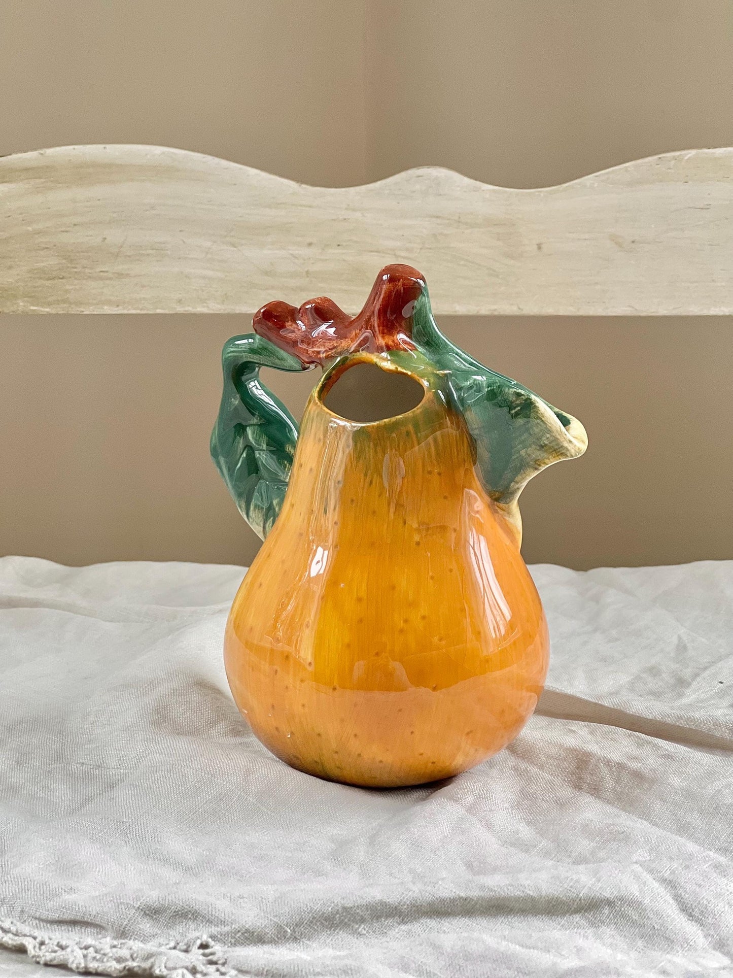 Vintage Cermaic Pear Creamer, Sculptural Fruit, Majolica Style Pear Mini Pitcher or Vase, 5.25" tall